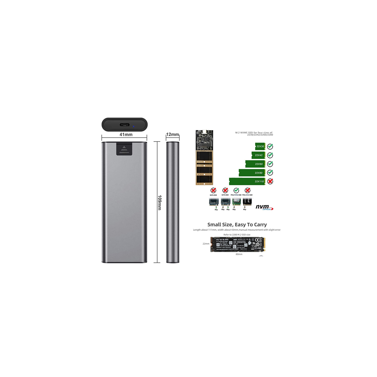 Boîtier en aluminium M.2 NVME vers USB 3.1 Type-C GEN2 Boîtier en aluminium M.2 PCI-E SSD Disque dur externe M.2&nbsp;M-Key SSD vers USB-C.