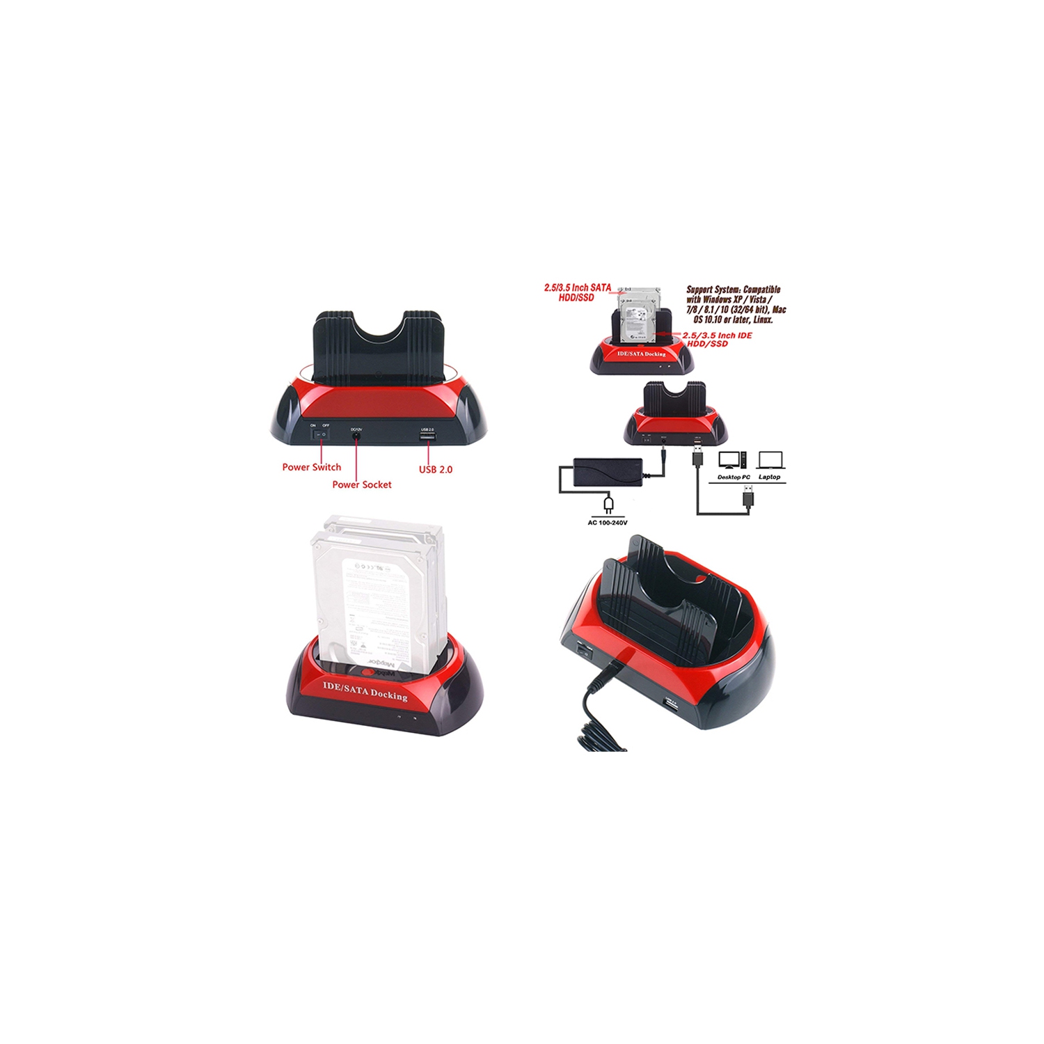 USB 2.0 to SATA/IDE Dual Slots Hard Drive Docking Station For 2.5 and 3.5 Inch SATA I/II/III HDD SSD