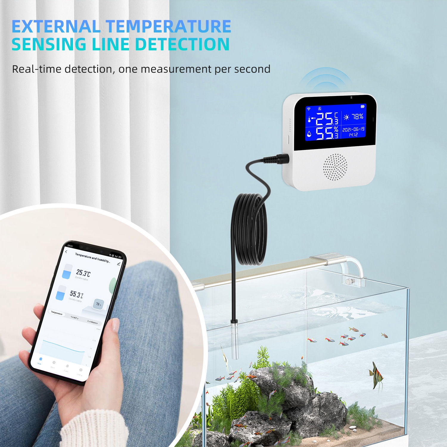 Capteur de température et d'humidité Wi-Fi intelligent avec affichage LCD de rétroéclairage Thermomètre intérieur Hygromètre, Moniteur de température