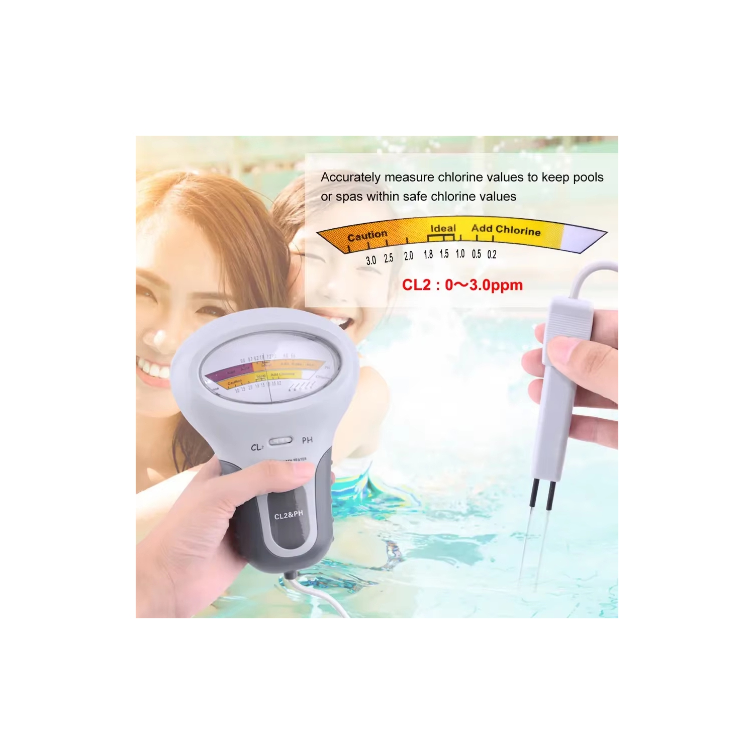 Testeur de piscine 2-en-1 Chlorine & PH, analyseur portatif de moniteur de surveillance d'analyse de la qualité de l'eau du spa, test de niveau CL2