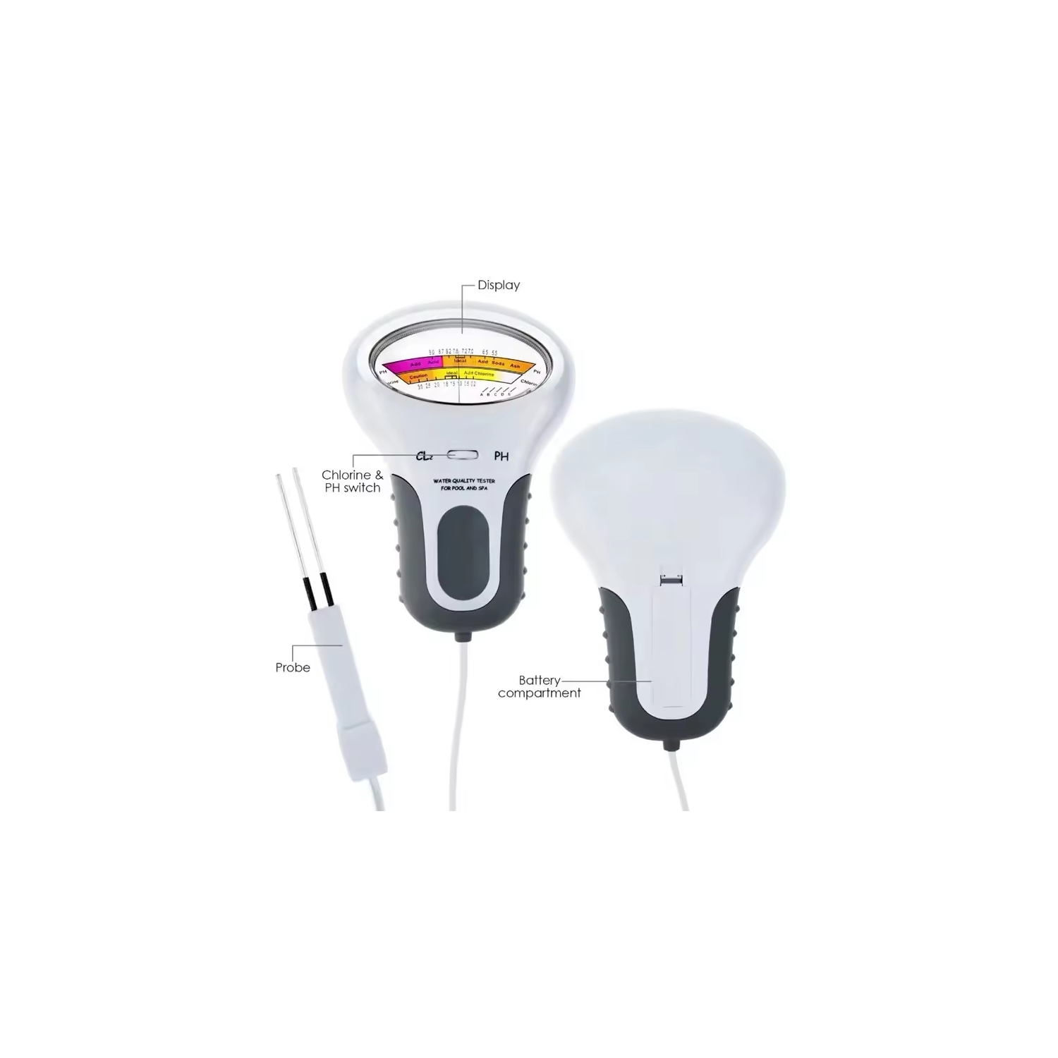 Testeur de piscine 2-en-1 Chlorine & PH, analyseur portatif de moniteur de surveillance d'analyse de la qualité de l'eau du spa, test de niveau CL2