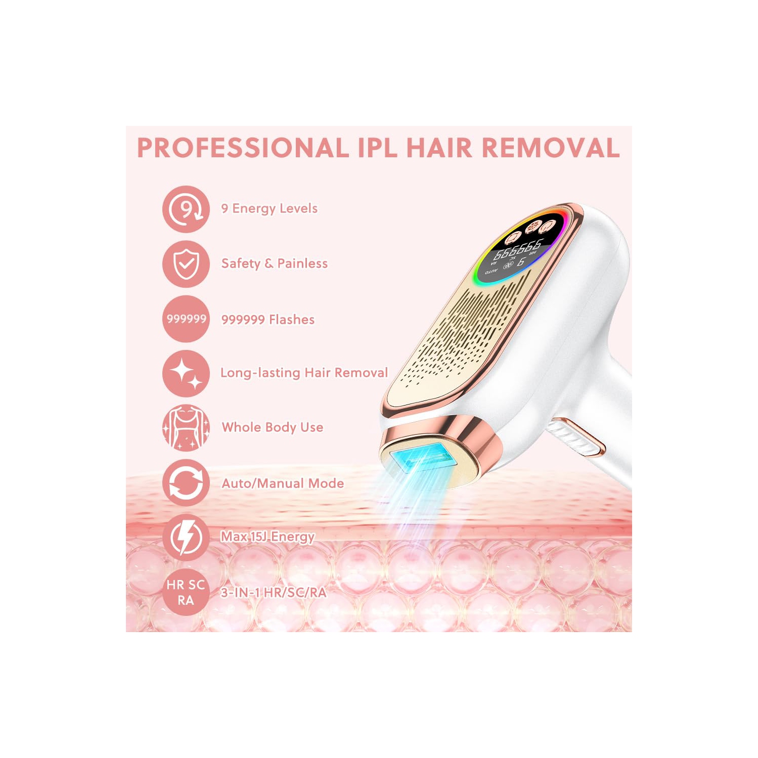 Épilateur laser IPL, épilateur laser 3 en 1 avec mode HR/SC/RA, lumière pulsée Power Epilator avec 9 niveaux, épilation laser pour tout le corps