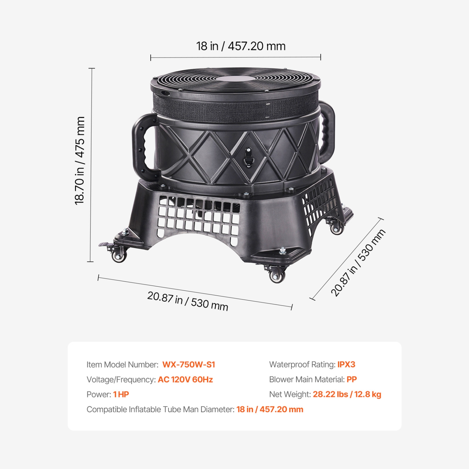 VEVOR 1 HP Inflatable Tube Man Blower, Blower Fan for Wacky Waving Inflatable Tube Guy, PP Shell, IPX3 Waterproof, Fits 18" Diameter Inflatable Wind