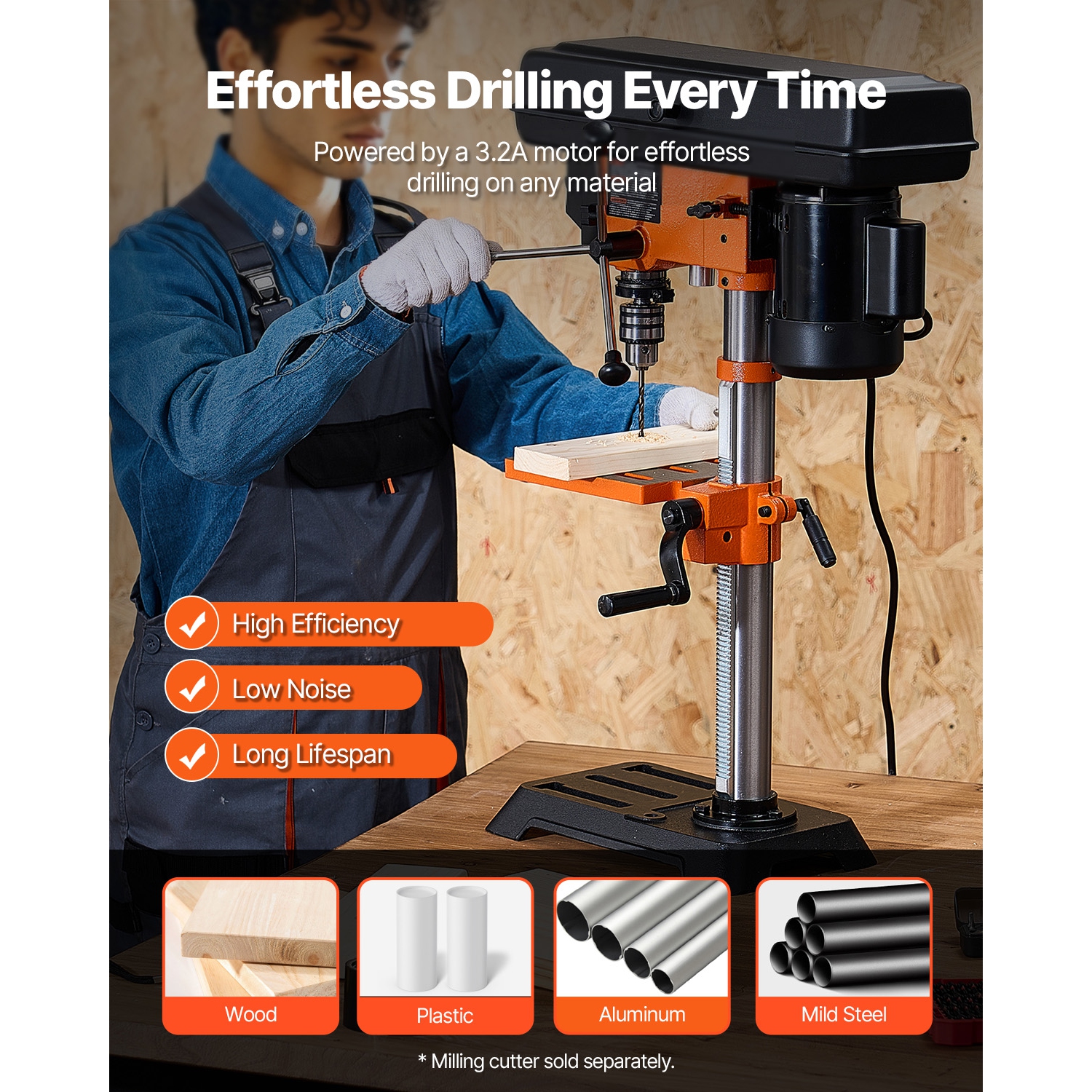 VEVOR 3.2 Amp Benchtop Drill Press, 5-Speed Adjustable with 650/1050/1800/2350/3100 RPM, 10in Swing, Cast Iron Frame, 0-45° Tilt Worktable, Work
