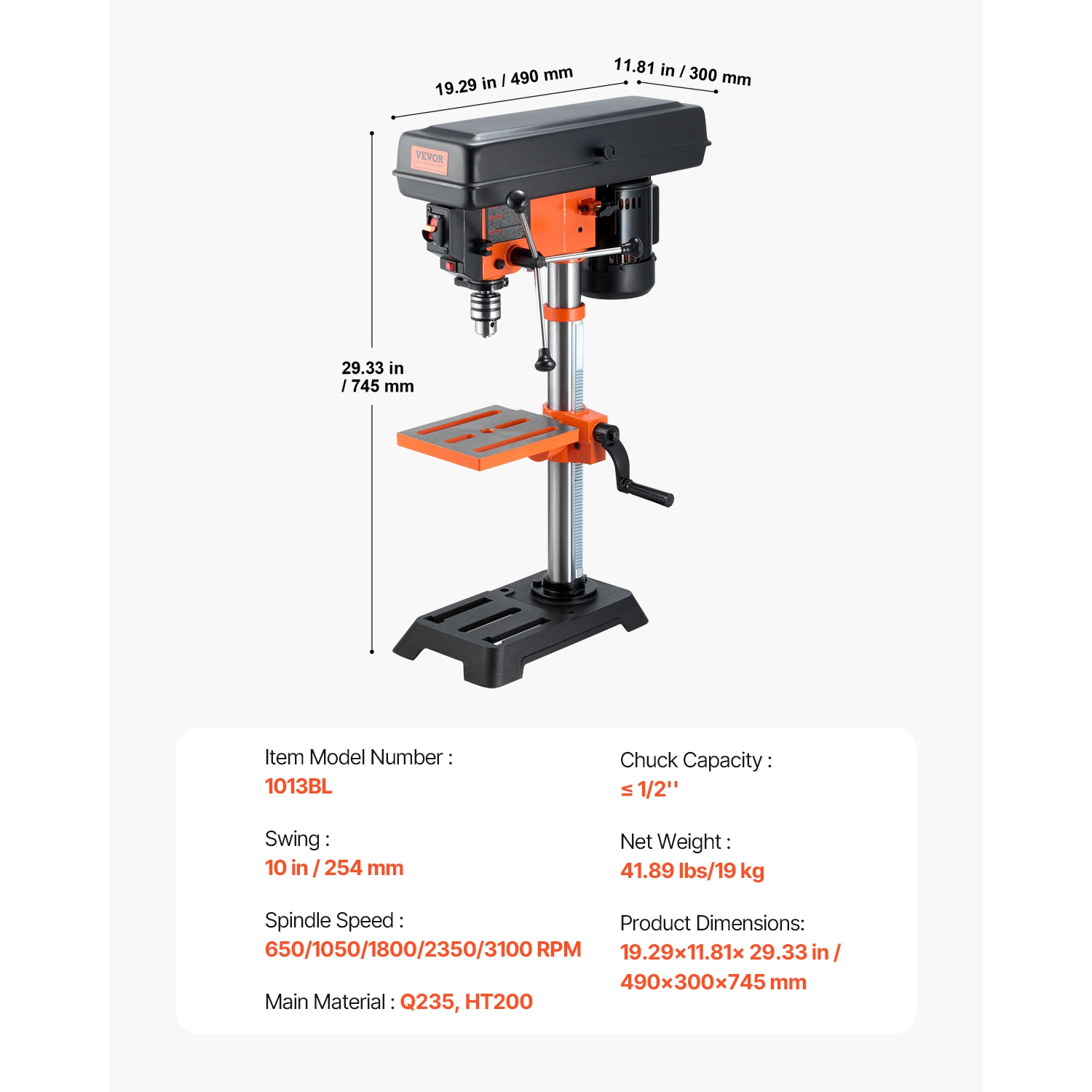 VEVOR 3.2 Amp Benchtop Drill Press, 5-Speed Adjustable with 650/1050/1800/2350/3100 RPM, 10in Swing, Cast Iron Frame, 0-45° Tilt Worktable, Work