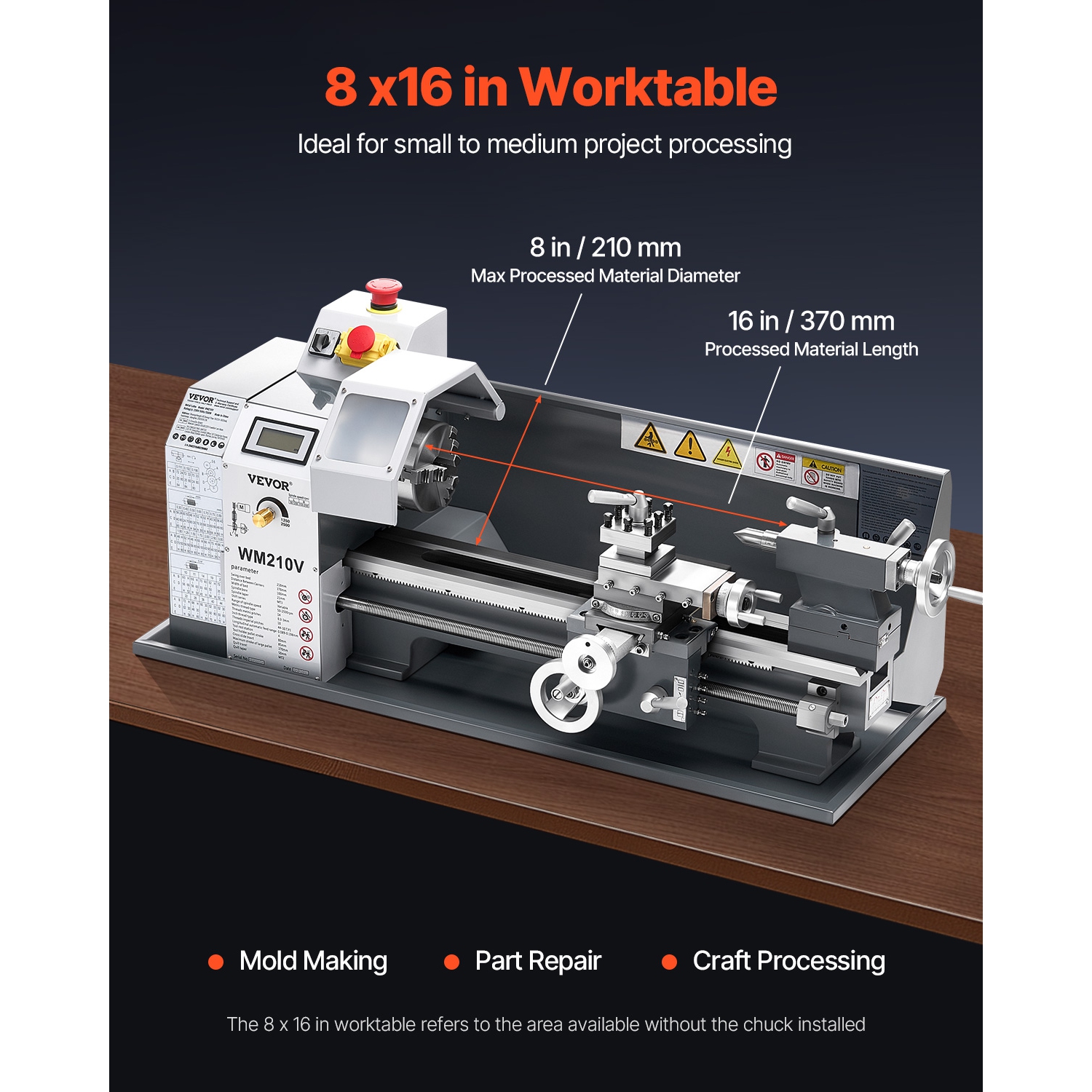 VEVOR 8x16 in Metal Lathe, 550W Benchtop Machine, 0-2500 RPM Variable Speed, with 0.0003in Spindle Accuracy, for Processing Precision Parts