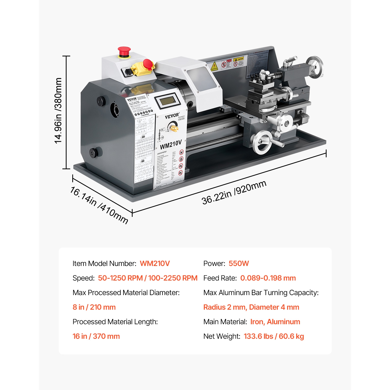 VEVOR 8x16 in Metal Lathe, 550W Benchtop Machine, 0-2500 RPM Variable Speed, with 0.0003in Spindle Accuracy, for Processing Precision Parts