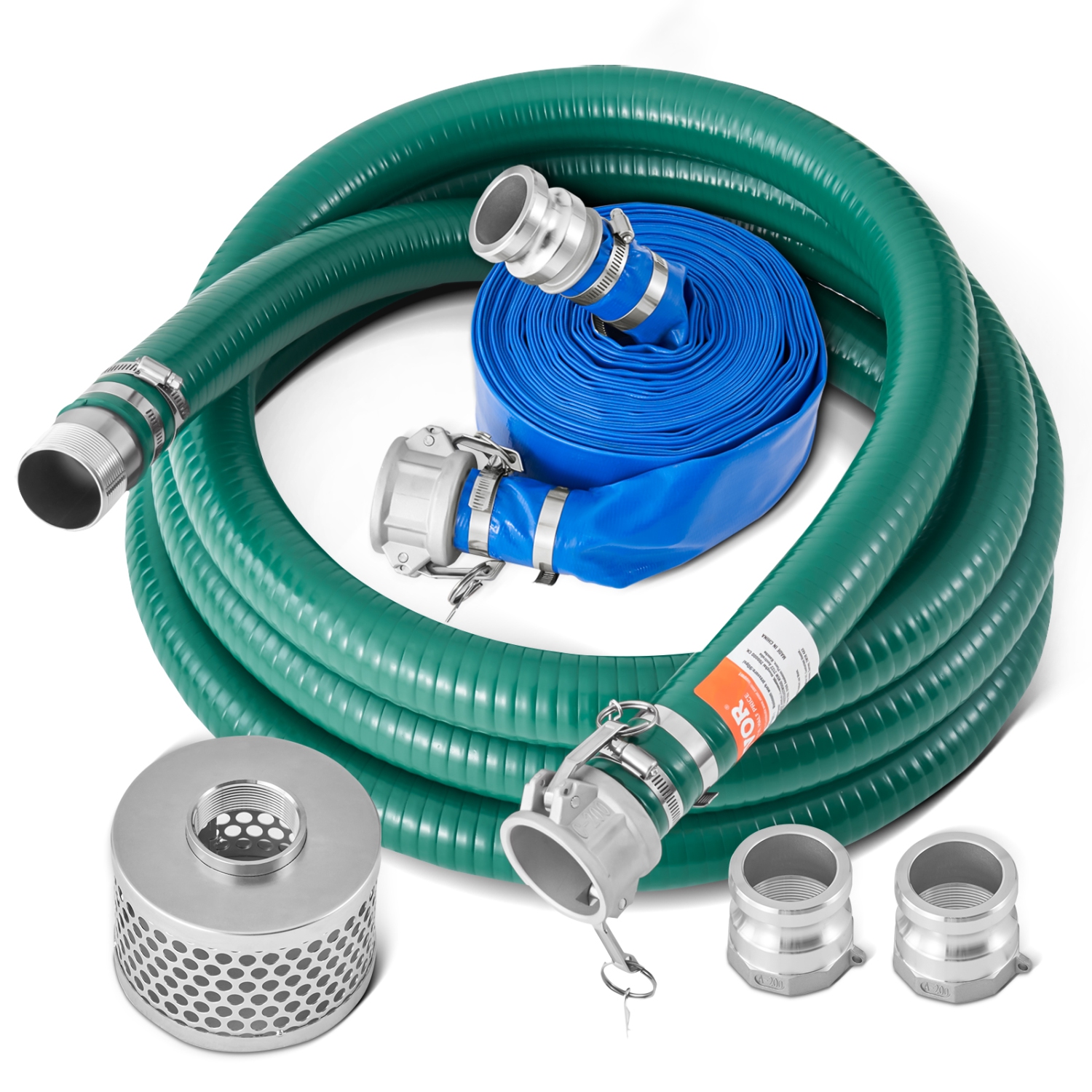 VEVOR 2 in x 50 ft Suction Hose Kit for Water Pump, with Blue Backwash Hose, 20ft Green Suction Hose, Steel Strainer, Camlocks, Clamps, Cam & Groove