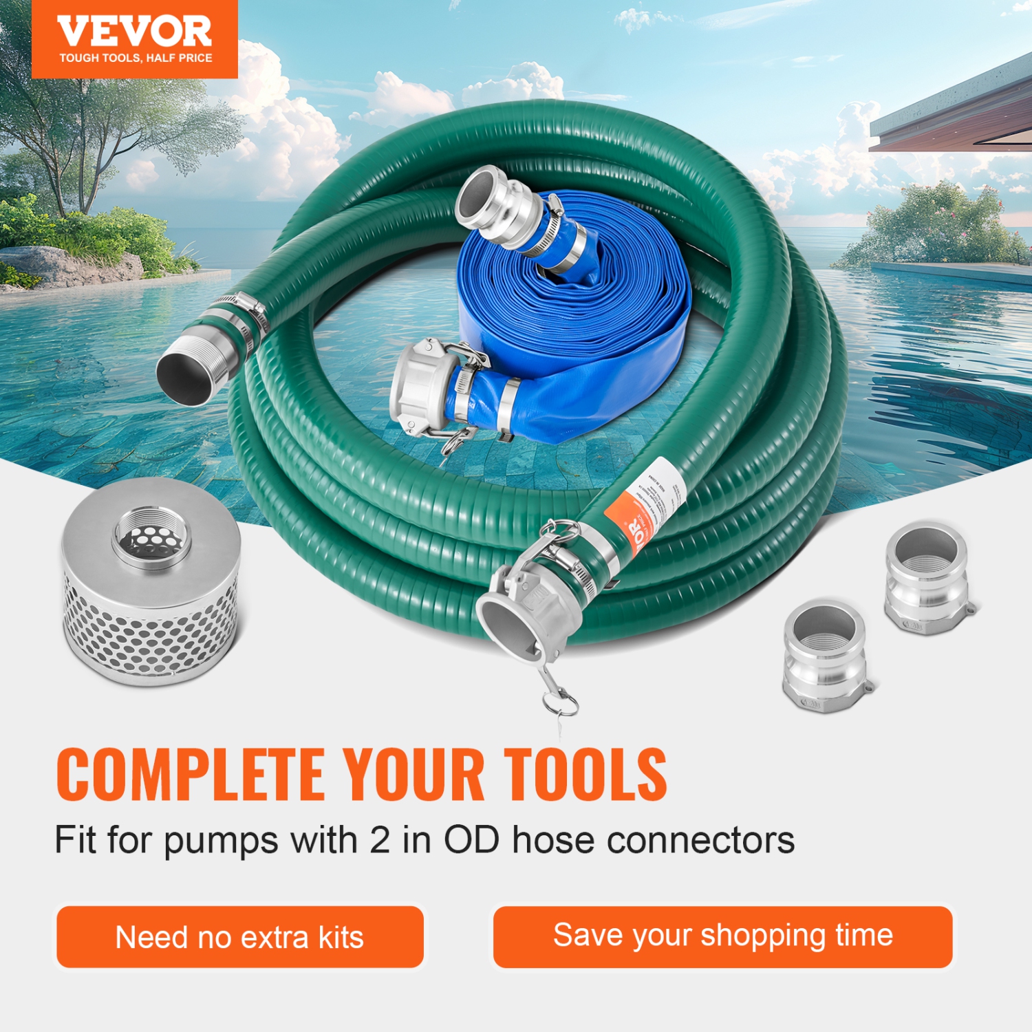 VEVOR 2 in x 50 ft Suction Hose Kit for Water Pump, with Blue Backwash Hose, 20ft Green Suction Hose, Steel Strainer, Camlocks, Clamps, Cam & Groove