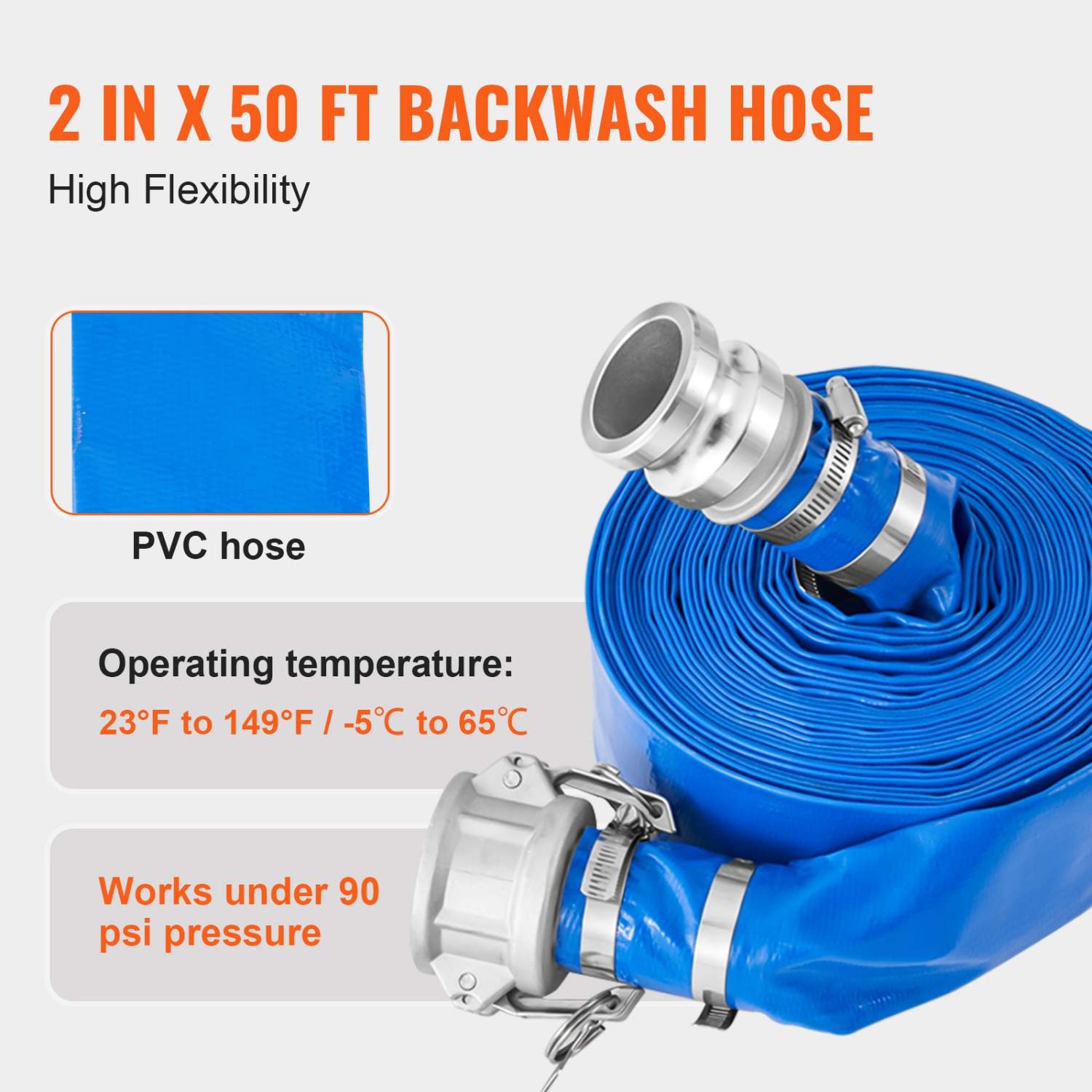 VEVOR 2 in x 50 ft Suction Hose Kit for Water Pump, with Blue Backwash Hose, 20ft Green Suction Hose, Steel Strainer, Camlocks, Clamps, Cam & Groove