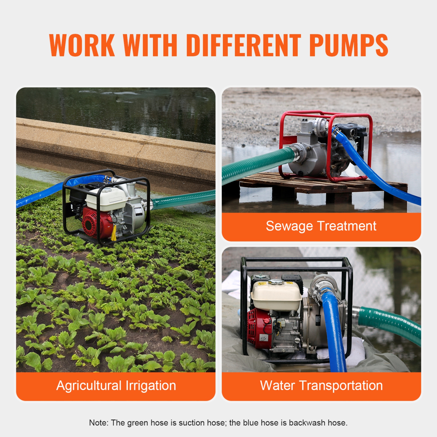 VEVOR 2 in x 50 ft Suction Hose Kit for Water Pump, with Blue Backwash Hose, 20ft Green Suction Hose, Steel Strainer, Camlocks, Clamps, Cam & Groove