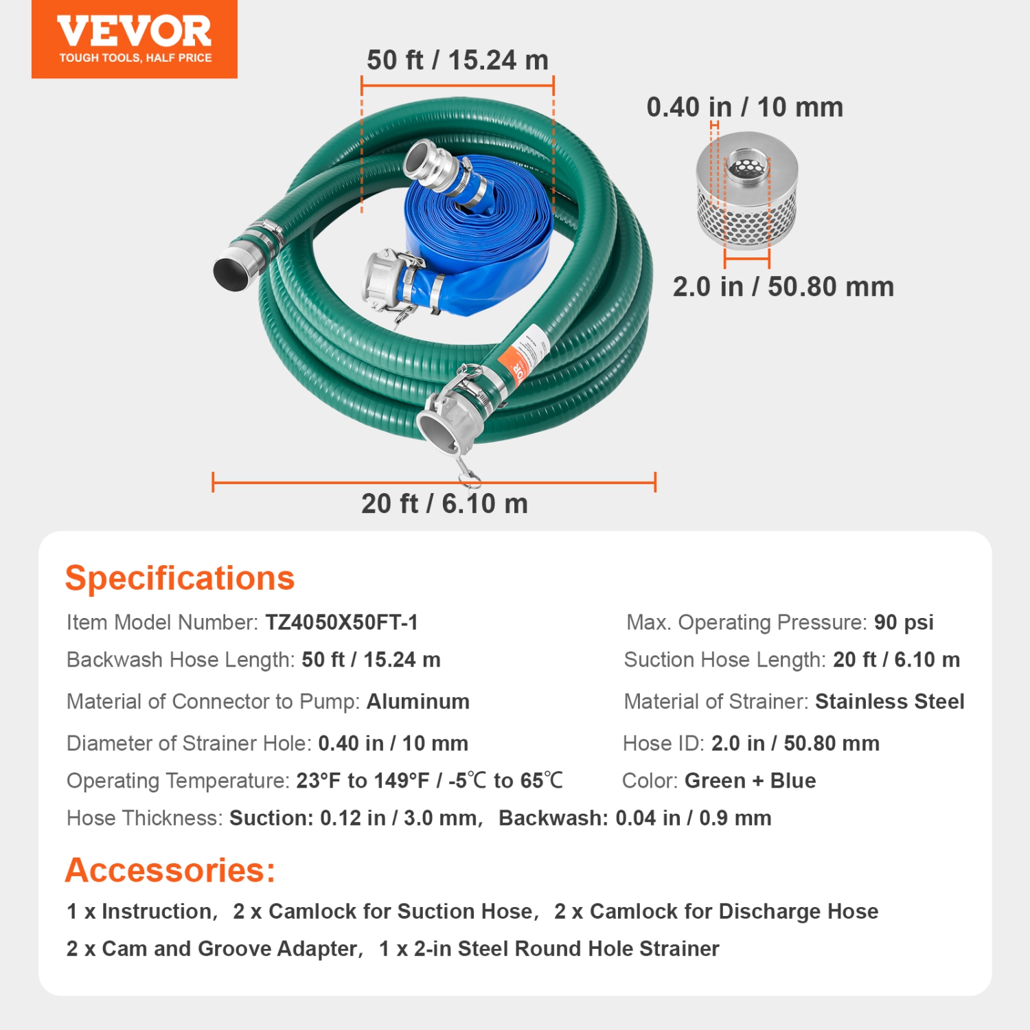 VEVOR 2 in x 50 ft Suction Hose Kit for Water Pump, with Blue Backwash Hose, 20ft Green Suction Hose, Steel Strainer, Camlocks, Clamps, Cam & Groove