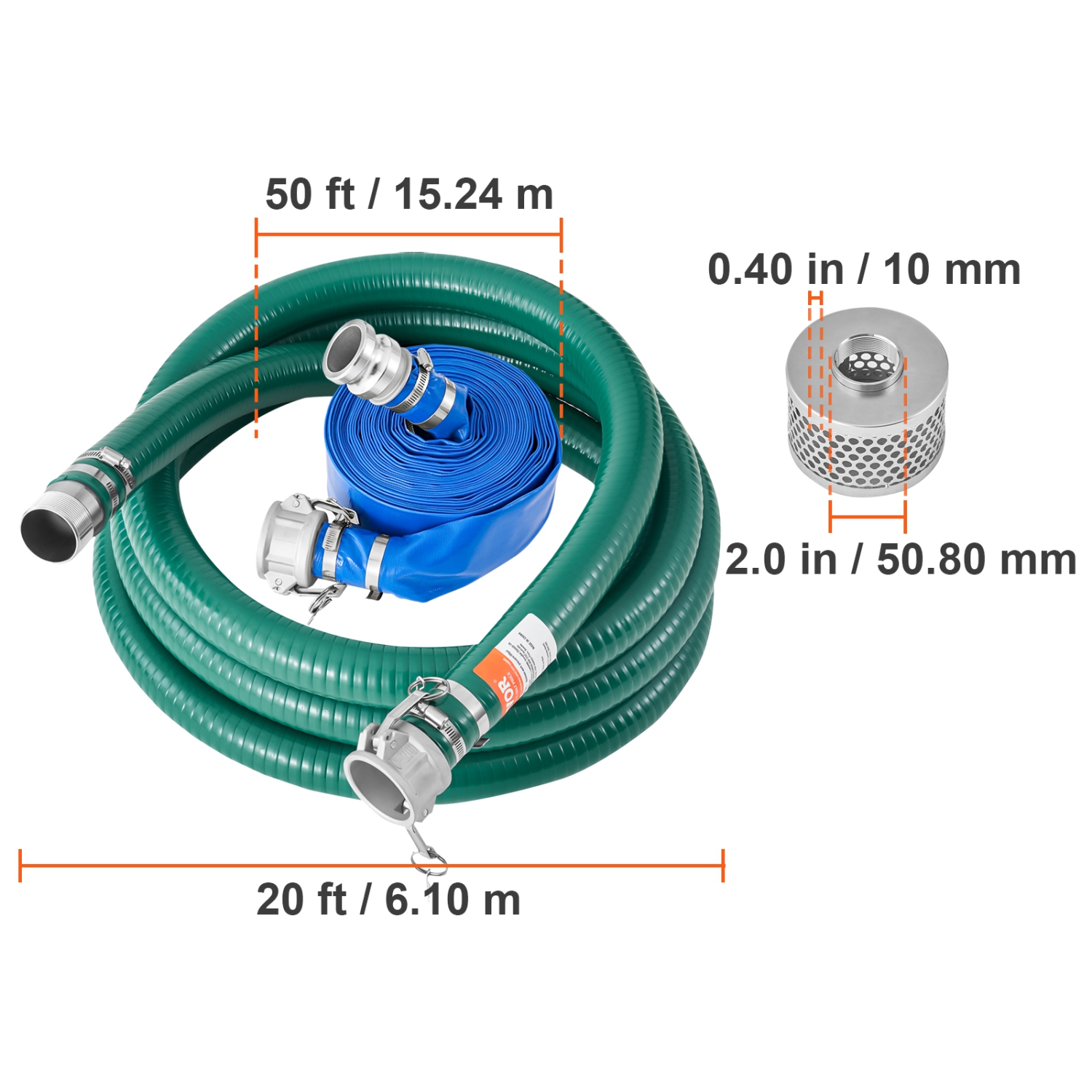 VEVOR 2 in x 50 ft Suction Hose Kit for Water Pump, with Blue Backwash Hose, 20ft Green Suction Hose, Steel Strainer, Camlocks, Clamps, Cam & Groove