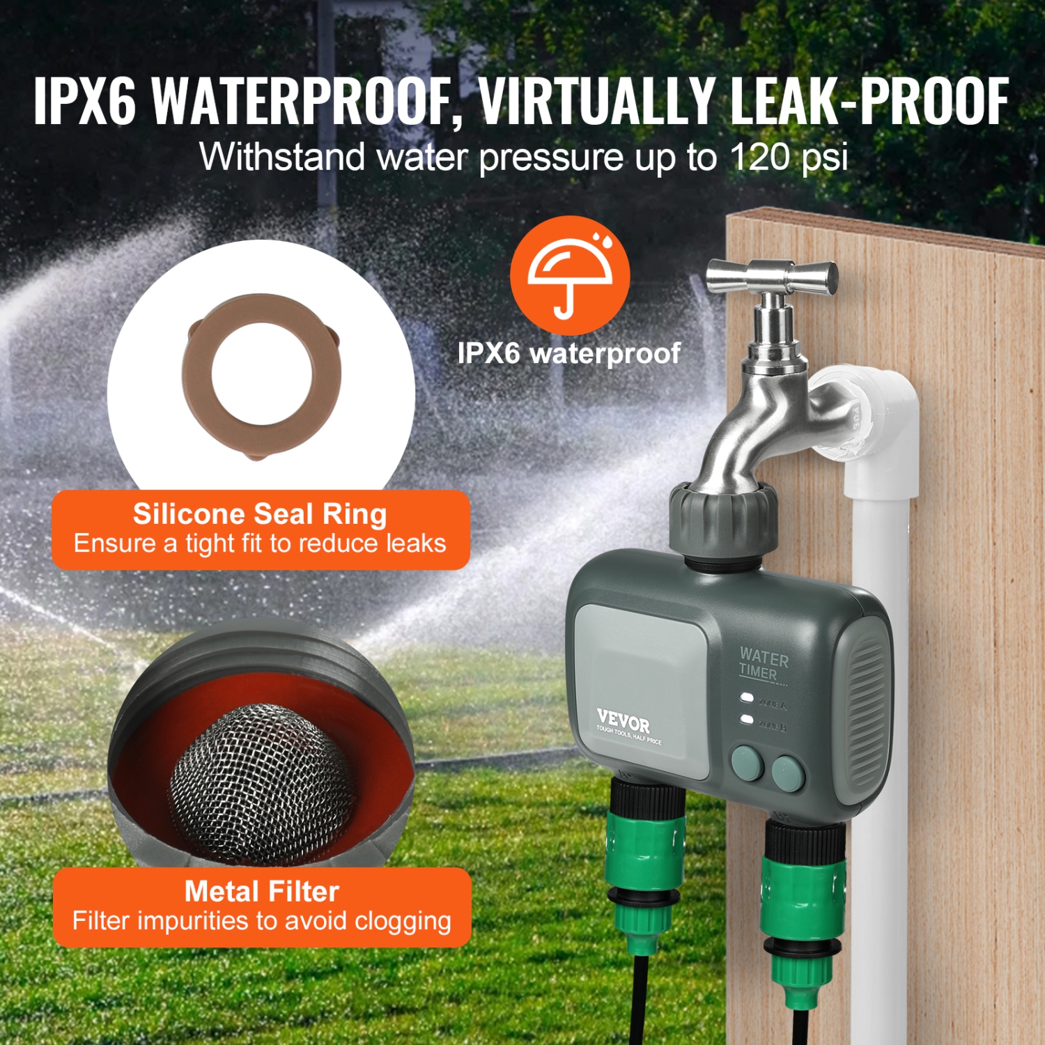 VEVOR 2 Outlets WiFi Sprinkler Timer, Smart Hose Faucet Water Timer with Brass Inlet, APP Control via 2.4Ghz WiFi or Bluetooth, Alexa/Google Voice