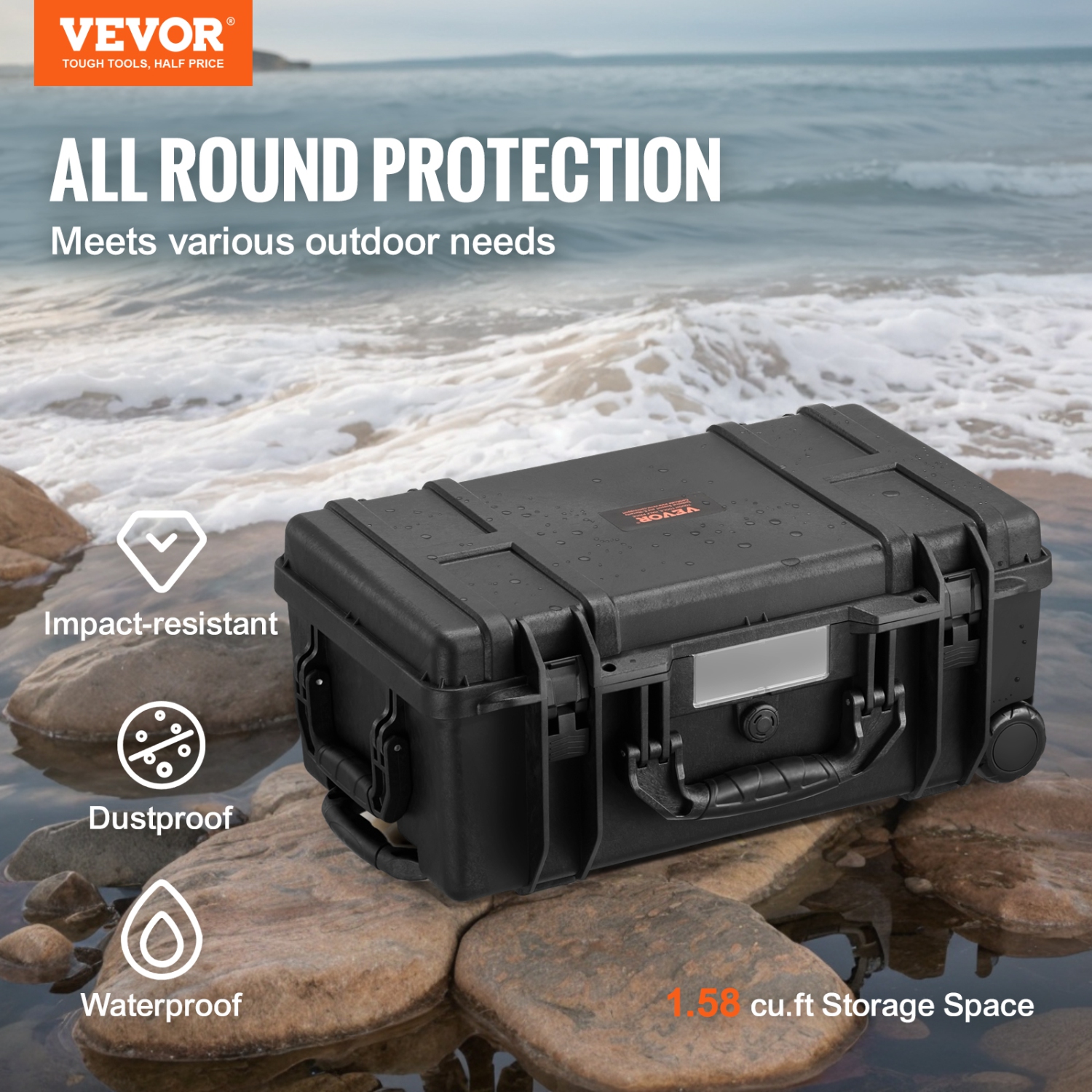 VEVOR 64x51x25 Weatherproof Hard Case, Heavy Duty Dry Box Case with Pre-cut Foam, Wheels & Retractable Pull Handles for Hunt, Military, Tactical,