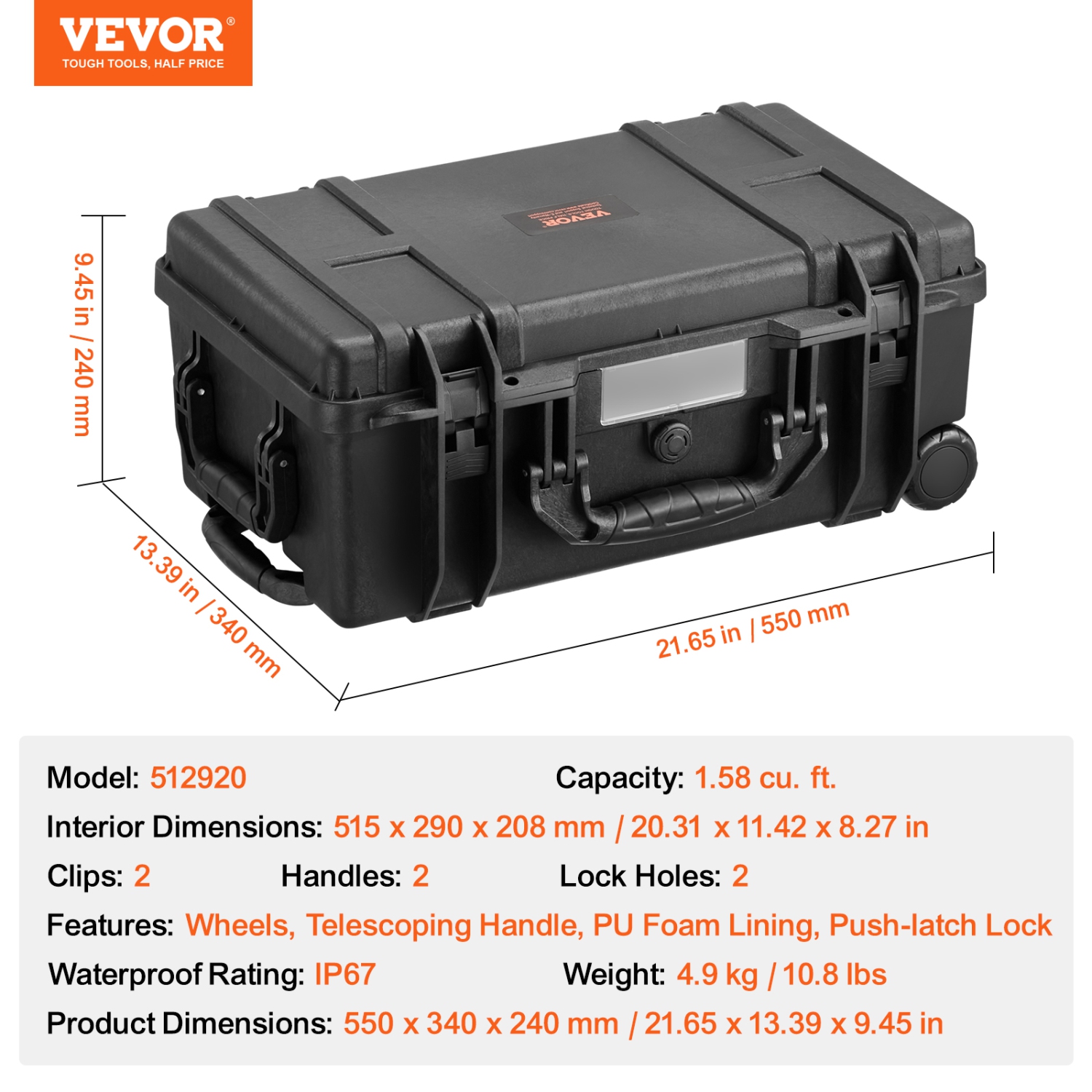 VEVOR 64x51x25 Weatherproof Hard Case, Heavy Duty Dry Box Case with Pre-cut Foam, Wheels & Retractable Pull Handles for Hunt, Military, Tactical,