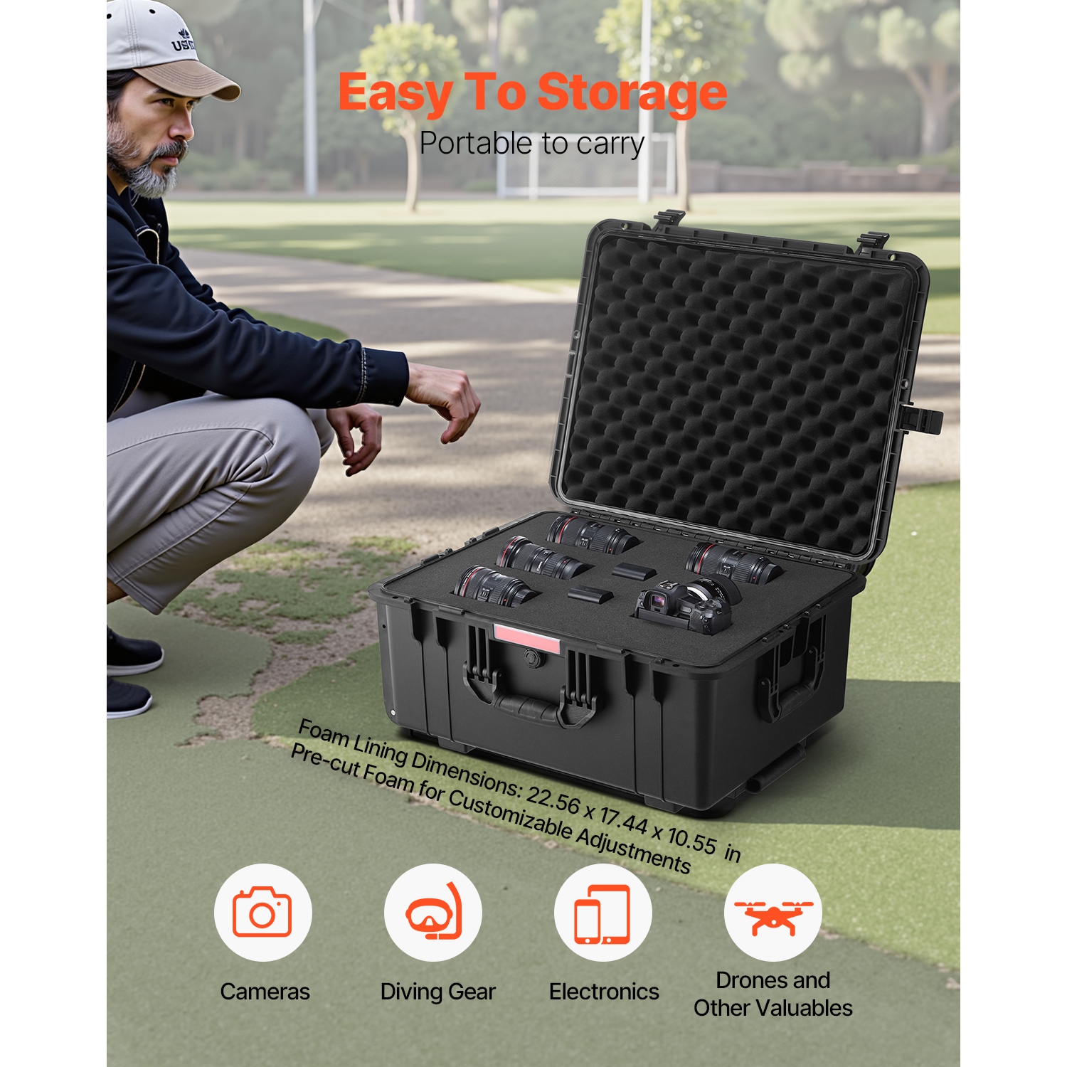 VEVOR 63x50x32 Weatherproof Hard Case, Heavy Duty Dry Box Case with Pre-Cut Foam, Wheels & Retractable Pull Handles for Hunt, Military, Tactical,