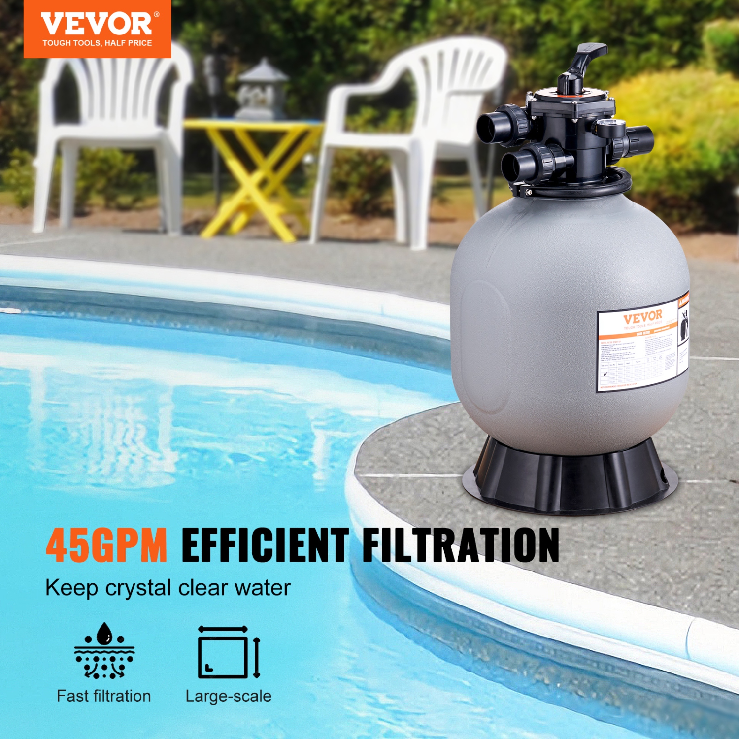 VEVOR 19-inch Sand Filter, Up to 45 GPM Flow Rate, Above ground Filter System with 7-Way Multi-Port Valve, Filter, Backwash, Rinse, Recirculate,