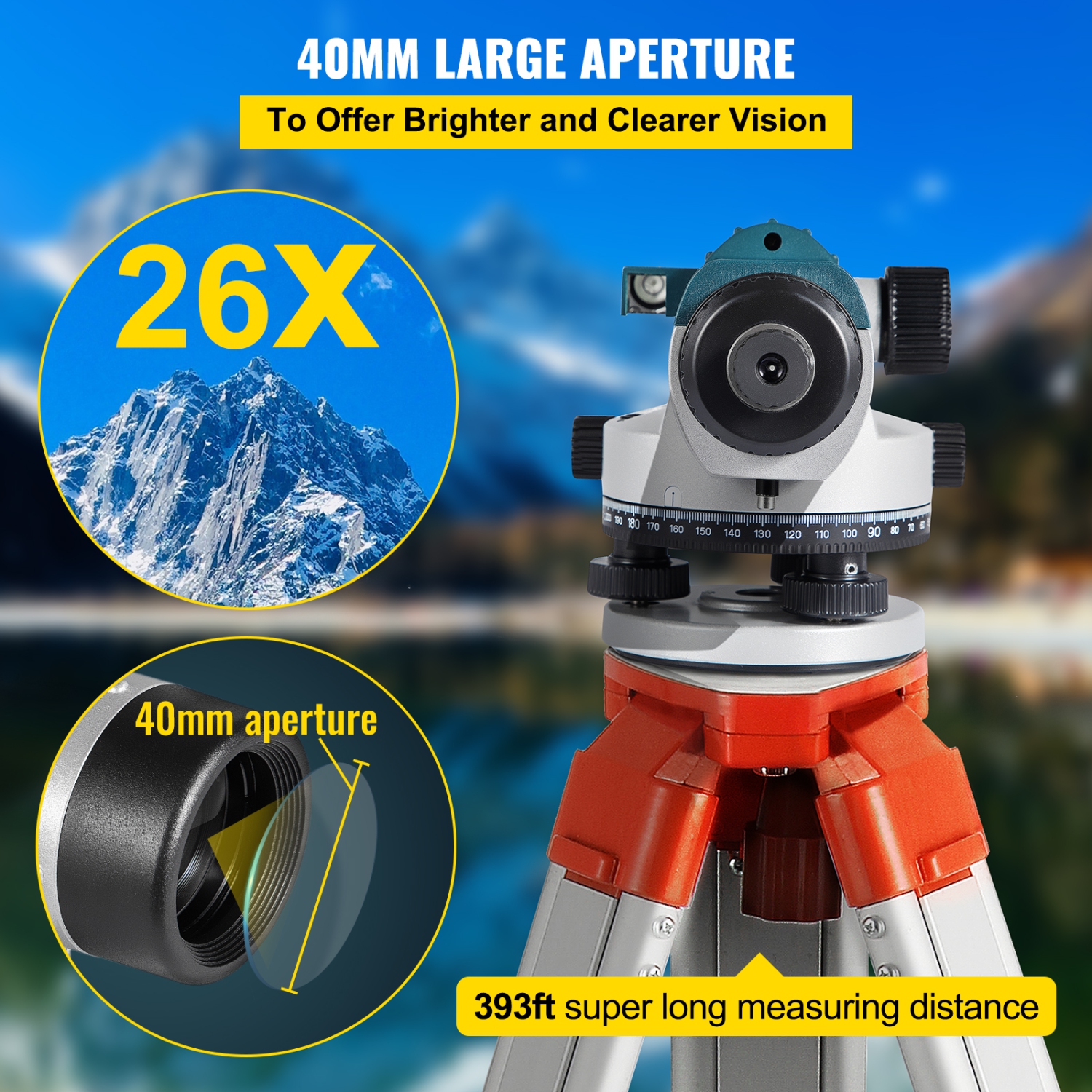 VEVOR 26X Automatic Optical Level, Optical Auto Level Kit, High Precision Height/Distance/Angle Level Measure, with Magnetic Dampened Compensator,