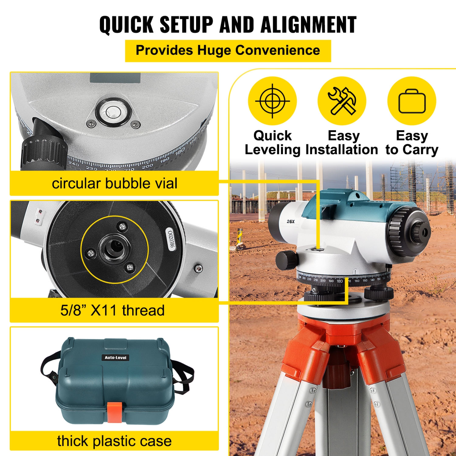 VEVOR 26X Automatic Optical Level, Optical Auto Level Kit, High Precision Height/Distance/Angle Level Measure, with Magnetic Dampened Compensator,