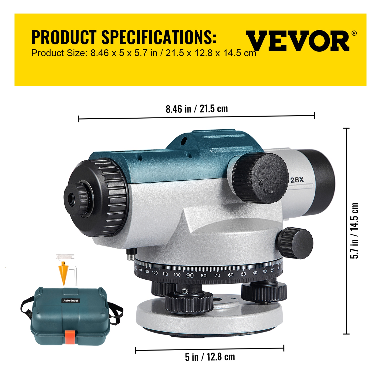 VEVOR 26X Automatic Optical Level, Optical Auto Level Kit, High Precision Height/Distance/Angle Level Measure, with Magnetic Dampened Compensator,