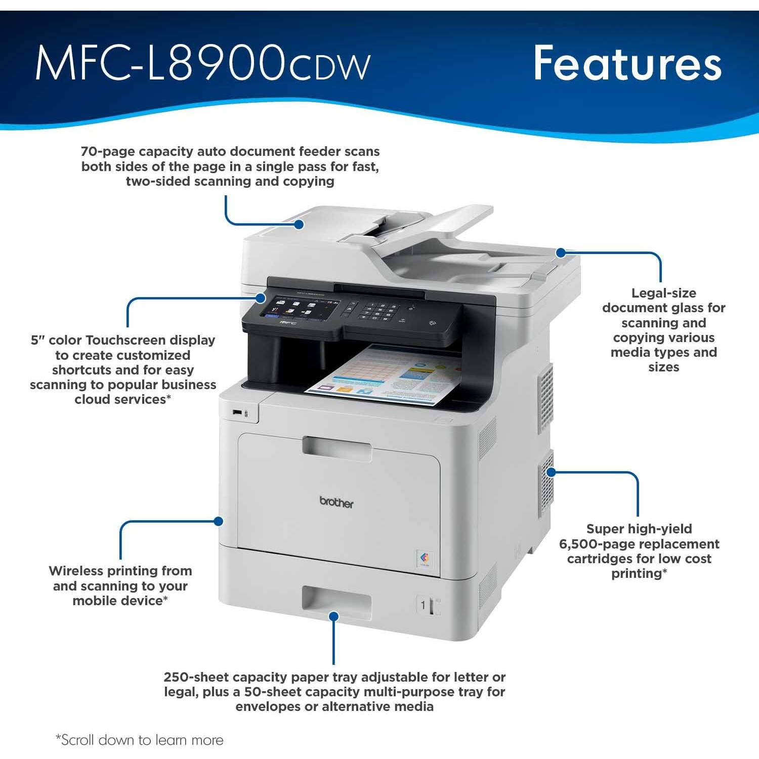 Brother MFC-L8900CDW, Business Color Laser All-in-One Printer, Print Copy Scan Fax, Wireless, Duplex Printing, 250-Sheet Capacity, 3.7" Color