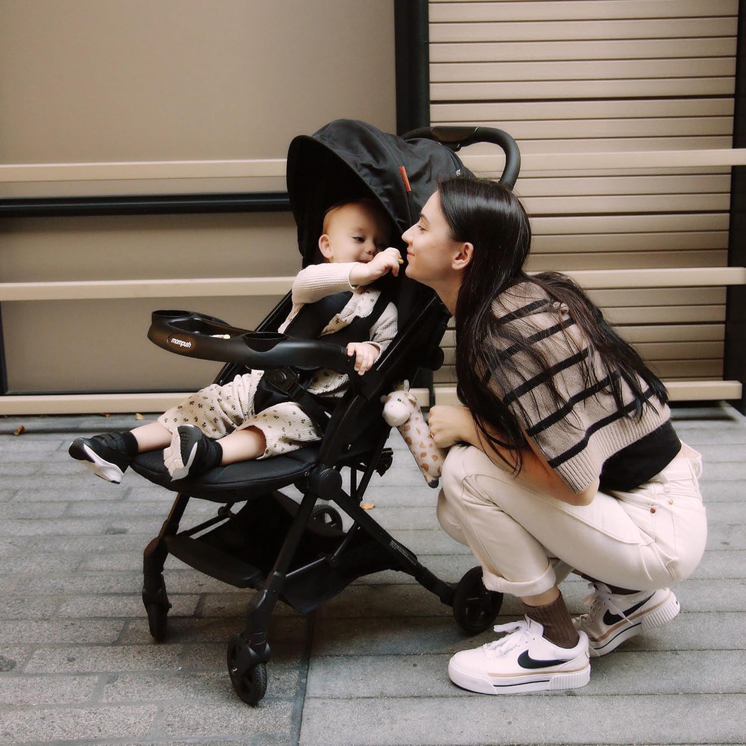 Mompush Lithe V2 Lightweight Stroller + Snack Tray, Ultra-Compact Fold & Airplane Ready Travel Stroller, Near Flat Recline Seat, Cup Holder,