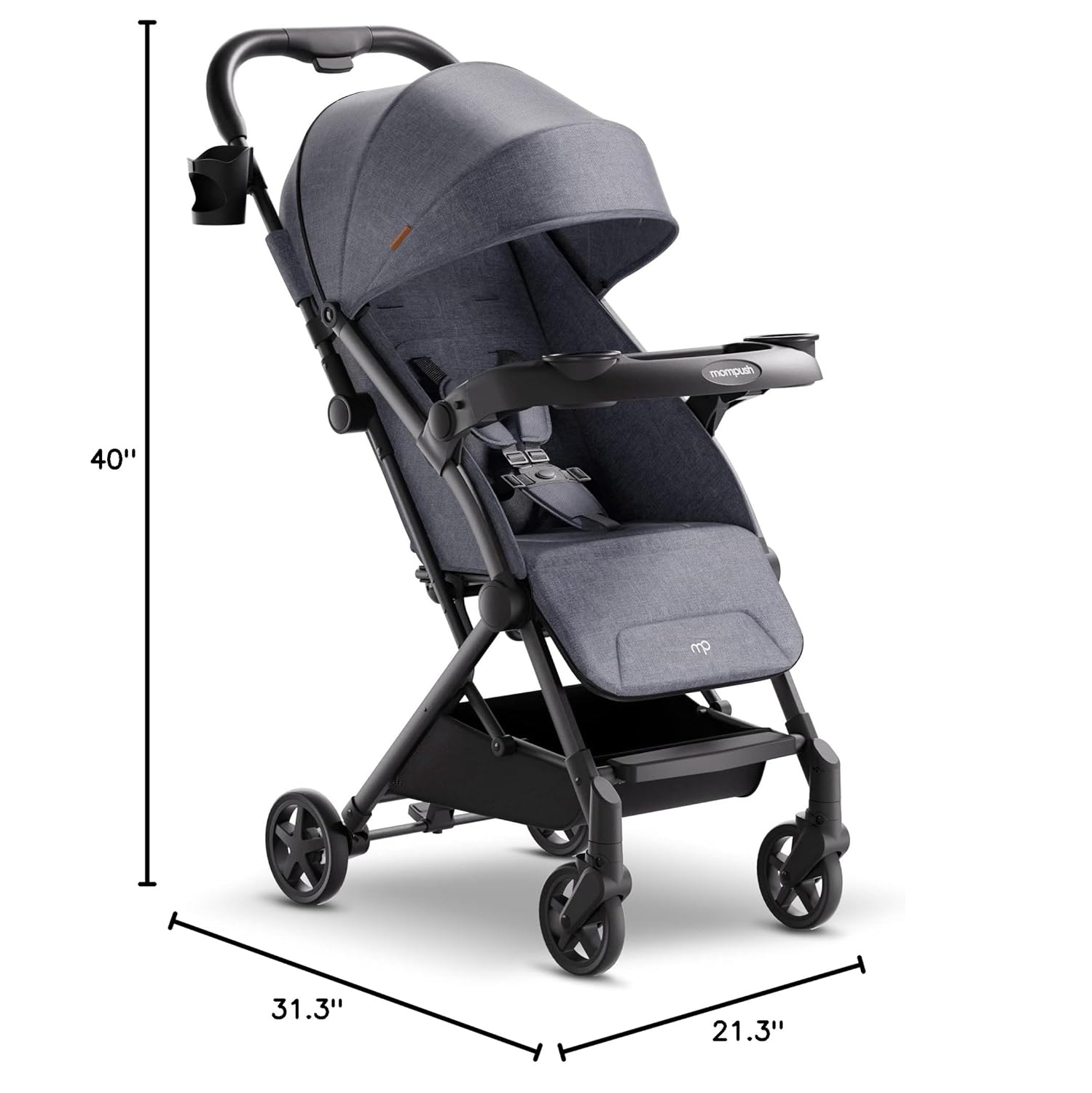 Mompush Lithe V2 Lightweight Stroller + Snack Tray, Ultra-Compact Fold & Airplane Ready Travel Stroller, Near Flat Recline Seat, Cup Holder,