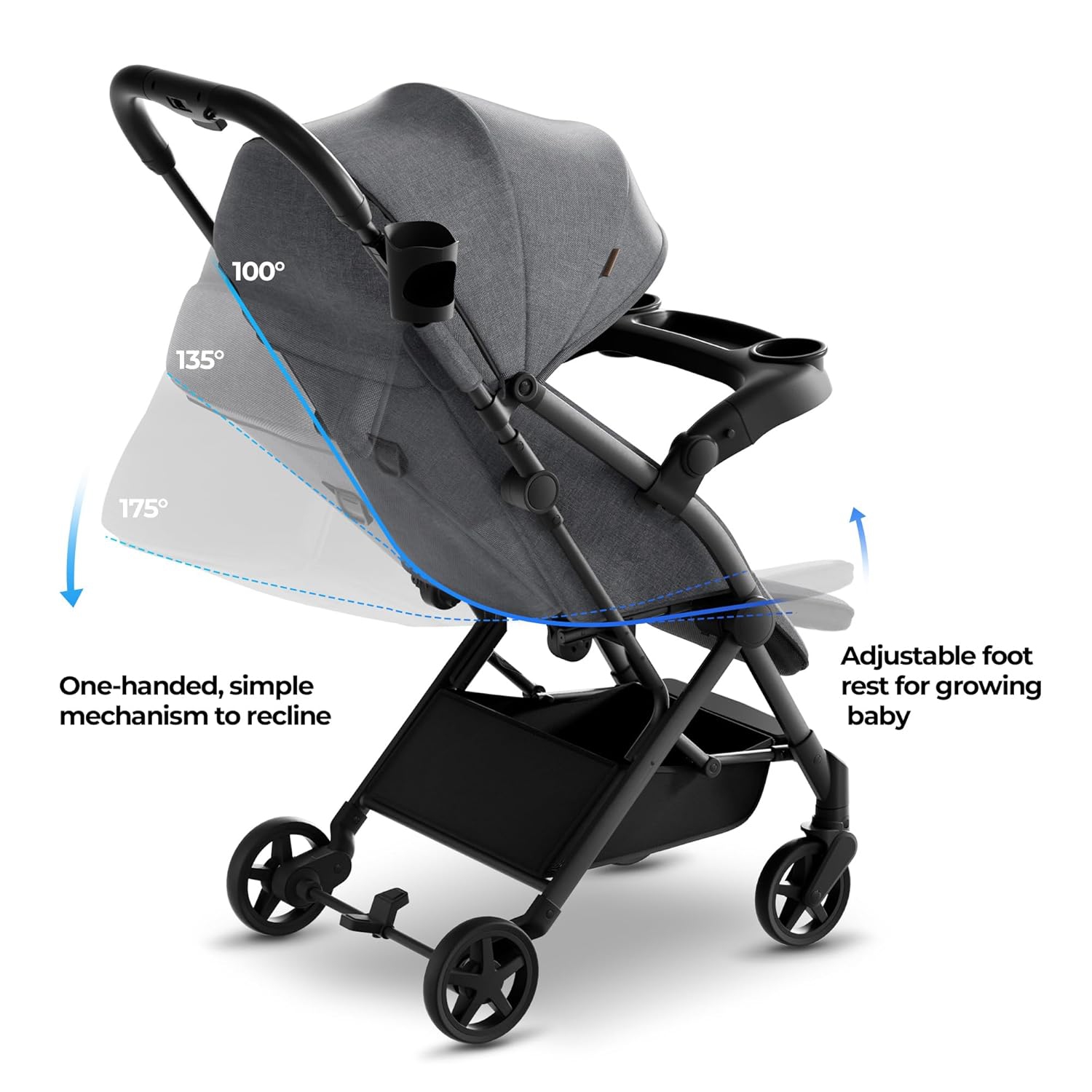 Mompush Lithe V2 Lightweight Stroller + Snack Tray, Ultra-Compact Fold & Airplane Ready Travel Stroller, Near Flat Recline Seat, Cup Holder,
