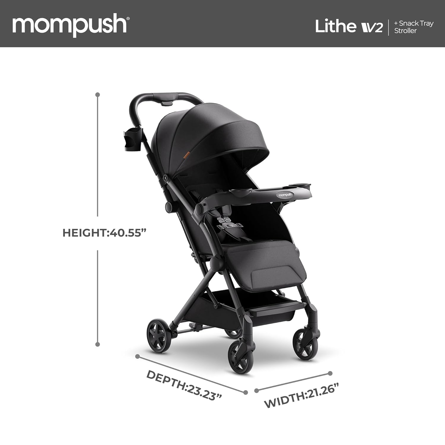 Mompush Lithe V2 Lightweight Stroller + Snack Tray, Ultra-Compact Fold & Airplane Ready Travel Stroller, Near Flat Recline Seat, Cup Holder,