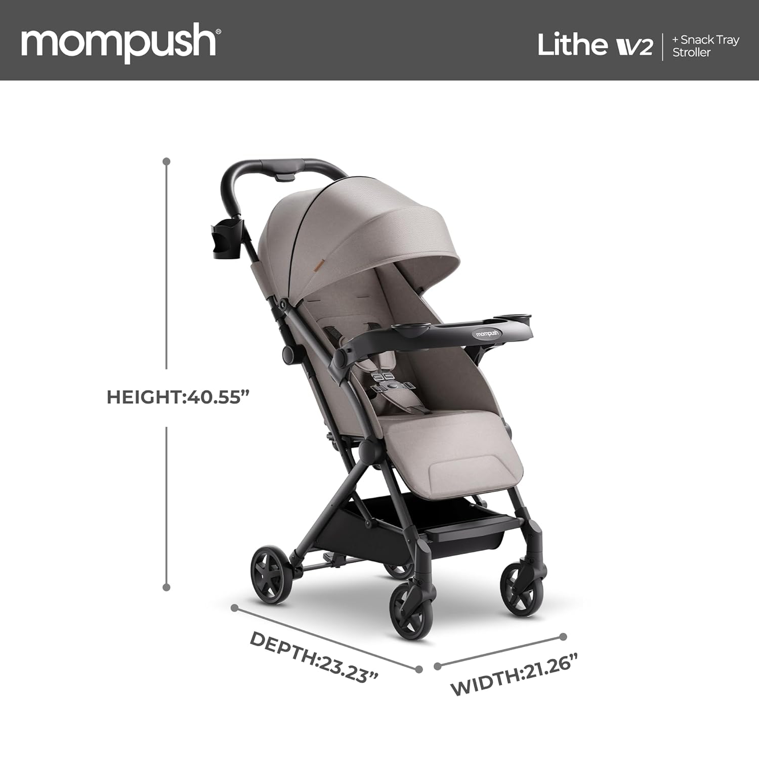 Mompush Lithe V2 Lightweight Stroller + Snack Tray, Ultra-Compact Fold & Airplane Ready Travel Stroller, Near Flat Recline Seat, Cup Holder,