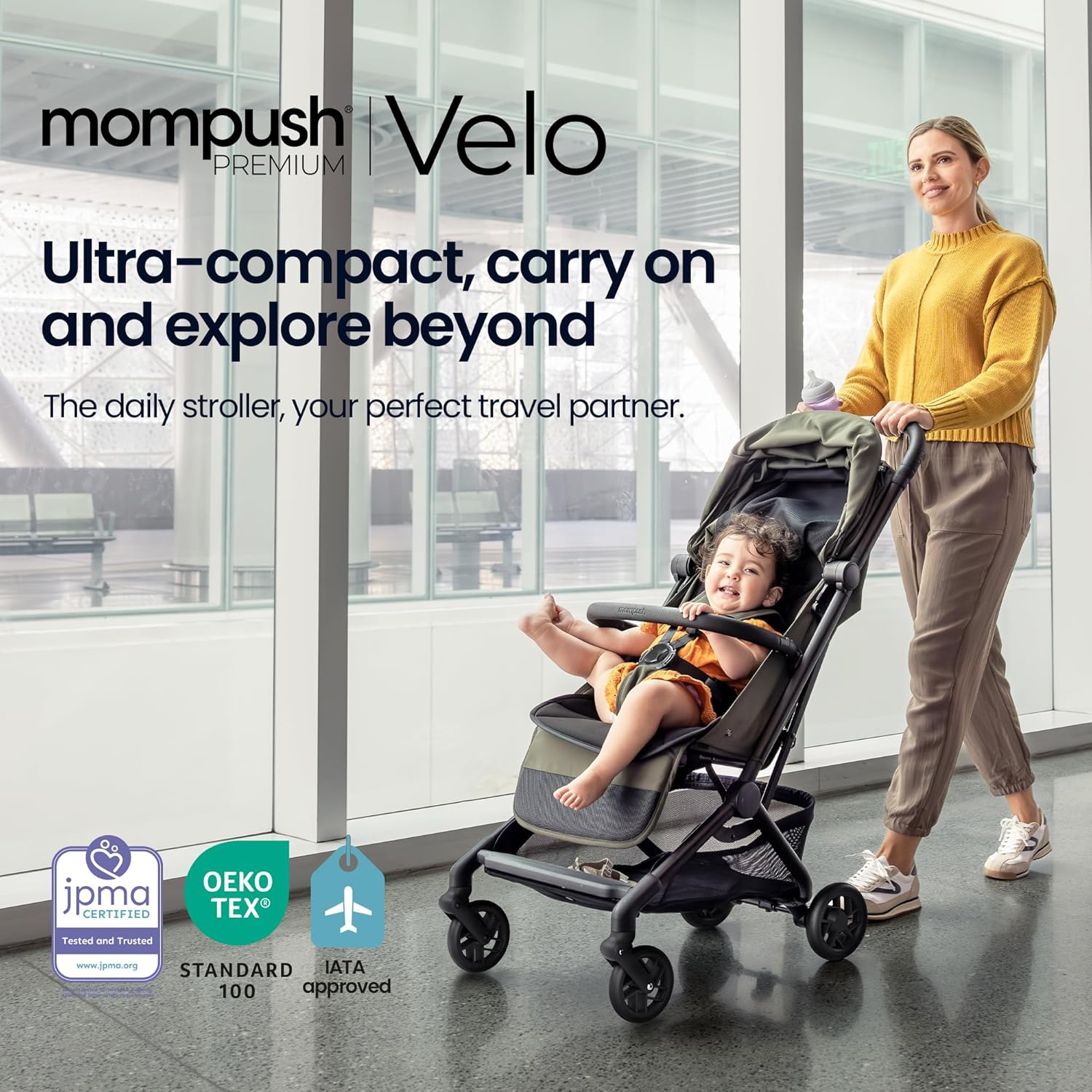 Mompush Velo Lightweight Travel Stroller – One-Hand Fold, Ultra-Compact & Airplane Friendly