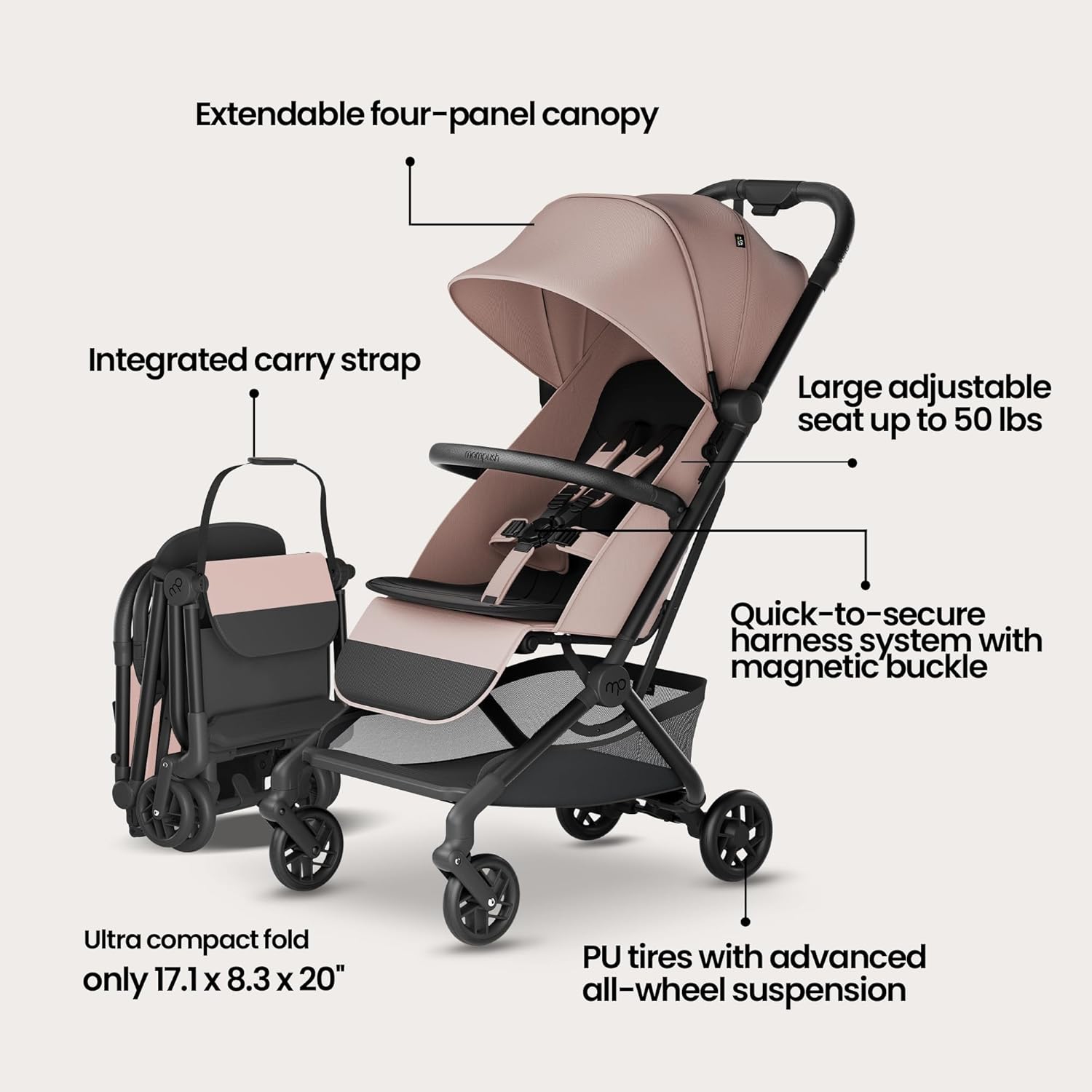 Mompush Velo Lightweight Travel Stroller – One-Hand Fold, Ultra-Compact & Airplane Friendly