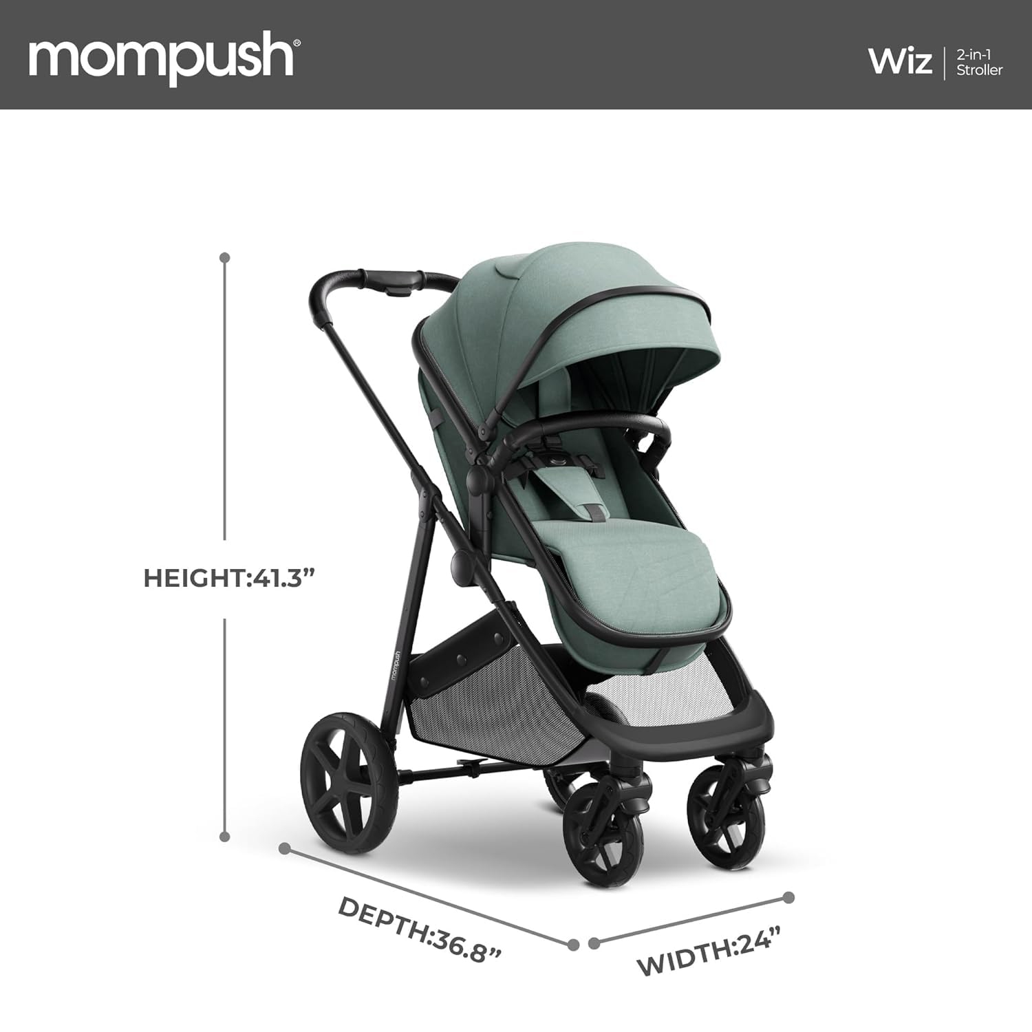 Poussette convertible 2-en-1 Wiz de Mompush avec mode berceau, poussette pliable pour bébé avec siège réversible et grand auvent avec FPU 50+