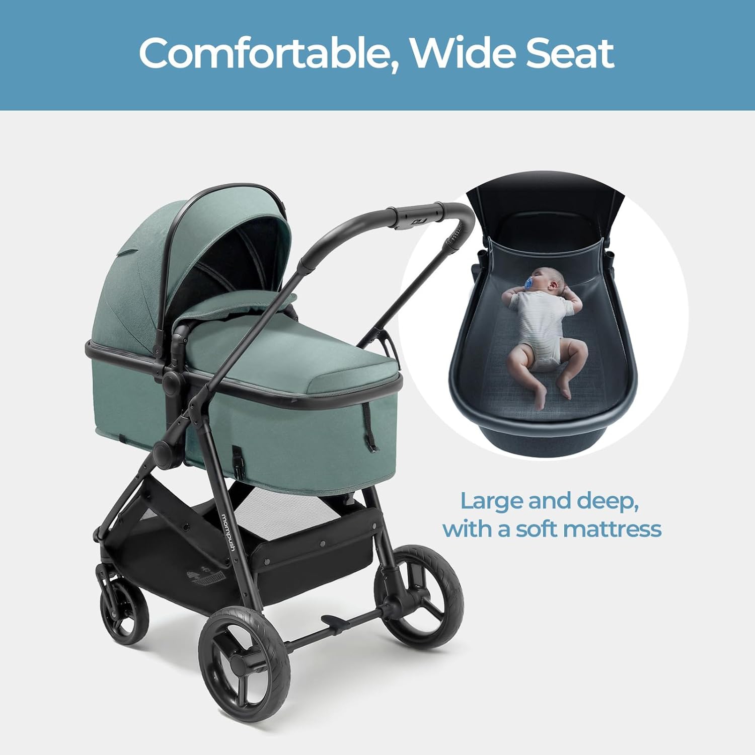 Poussette convertible 2-en-1 Wiz de Mompush avec mode berceau, poussette pliable pour bébé avec siège réversible et grand auvent avec FPU 50+