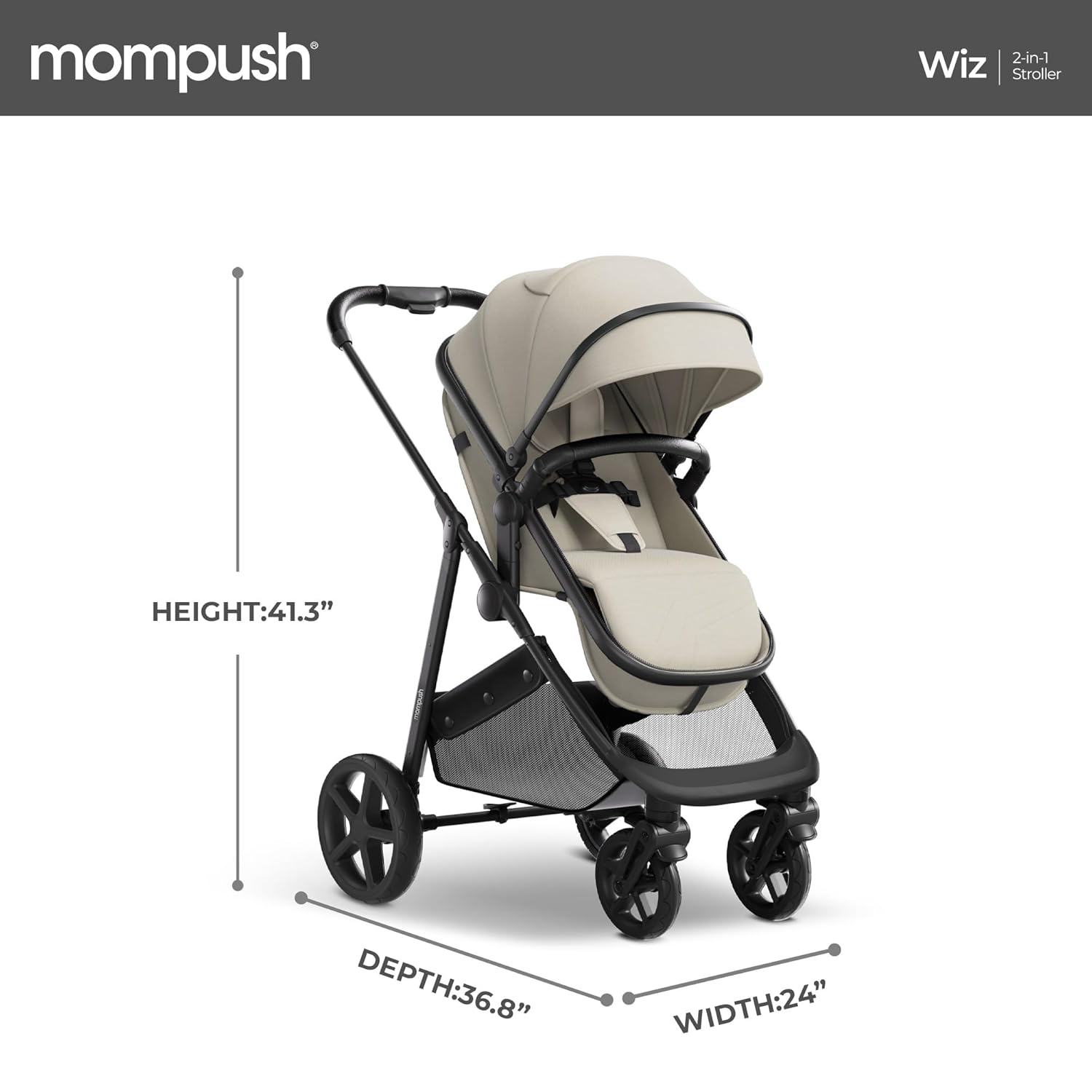Poussette convertible 2-en-1 Wiz de Mompush avec mode berceau, poussette pliable pour bébé avec siège réversible et grand auvent avec FPU 50+