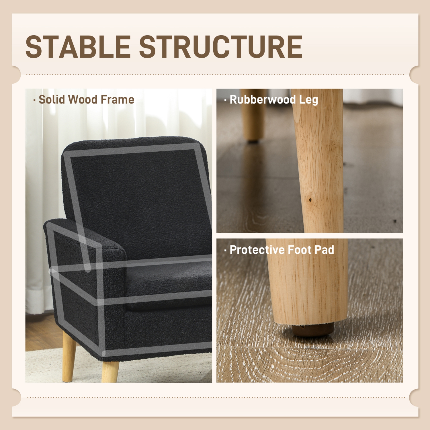 Fauteuil d'appoint en tissu Teddy de HOMCOM, fauteuil rembourré, fauteuil de salon moderne du milieu du siècle avec pattes en bois et siège rembourré