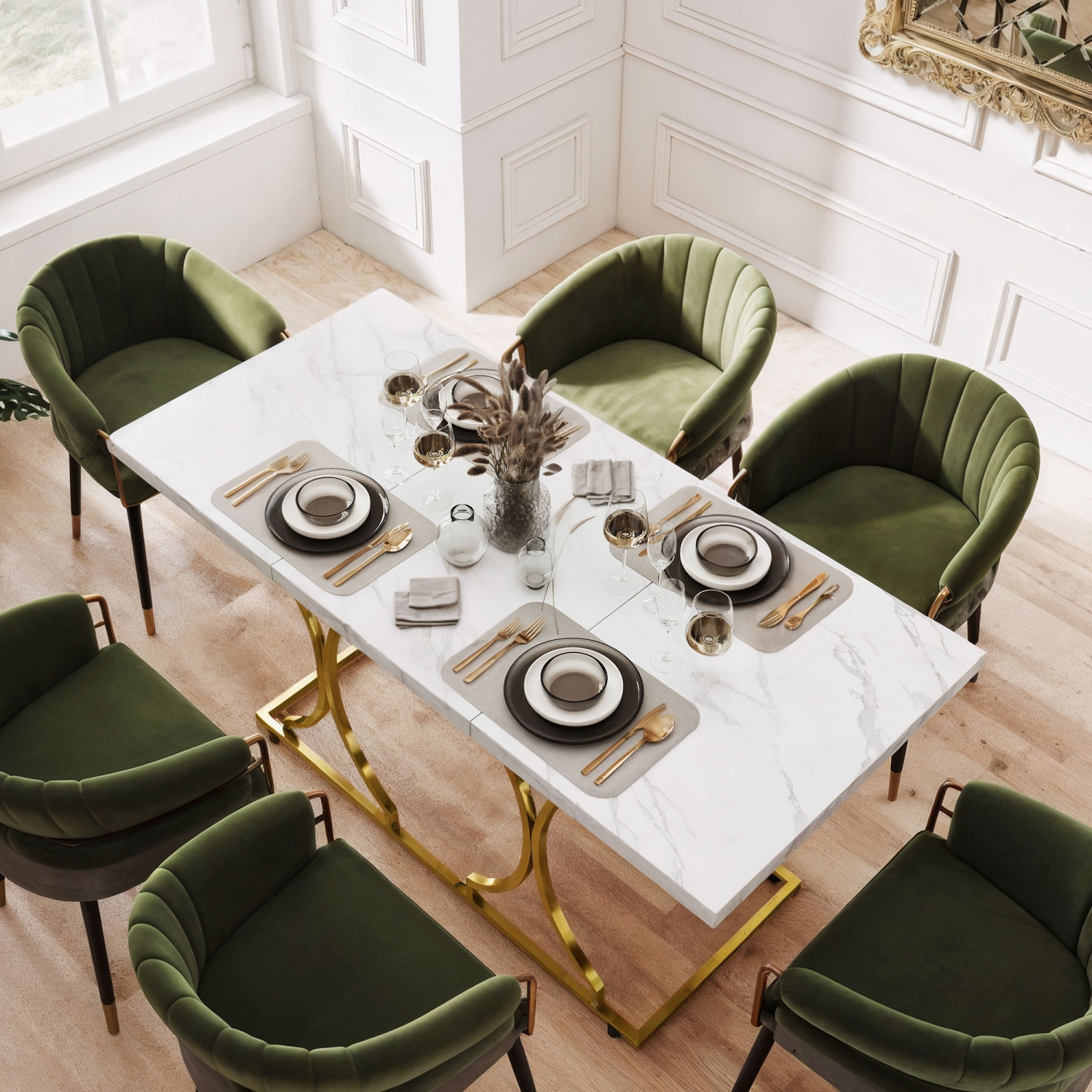 HOMCOM 59-Inch Dining Table for 6, Modern Marble-Pattern Kitchen Dinner Table with Metal Pedestal for Home, Dining Room, White