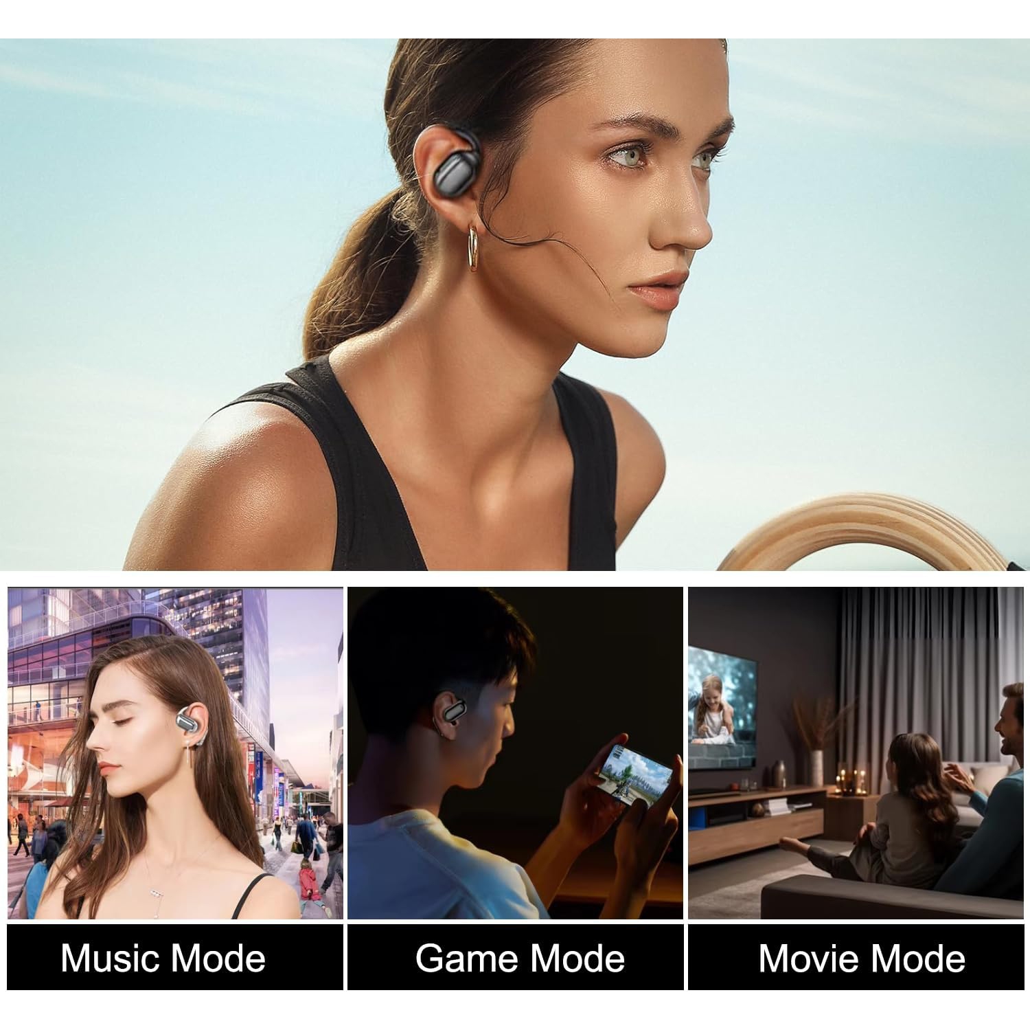 Smart Touch Screen Open Open Bluetooth 5,4 Écouteurs sans fil Pas intra-auriculaires, Aucun, avec écran LCD, Convient pour la course sportive - Noir