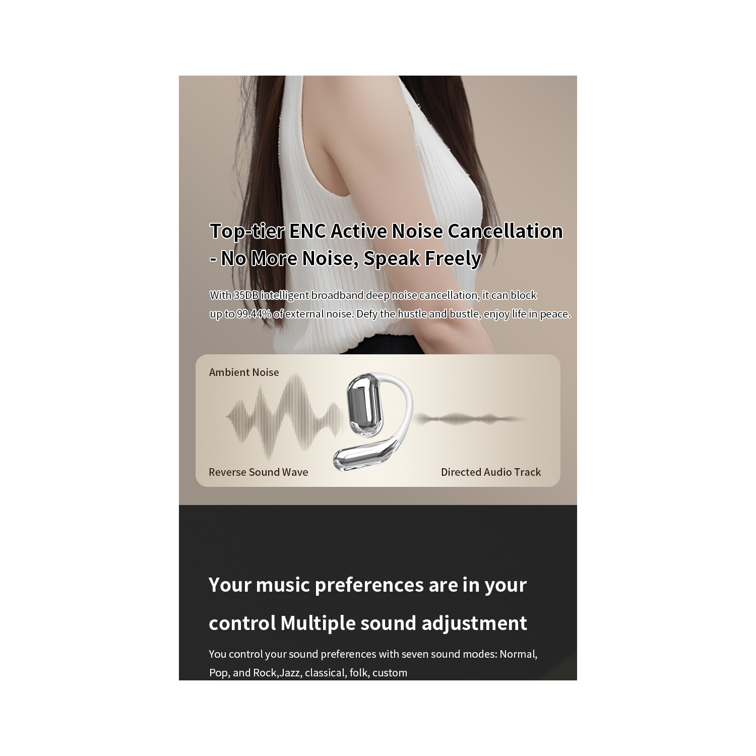 Smart Touch Screen Open Open Bluetooth 5,4 Écouteurs sans fil Pas intra-auriculaires, Aucun, avec écran LCD, Convient pour la course sportive - Noir