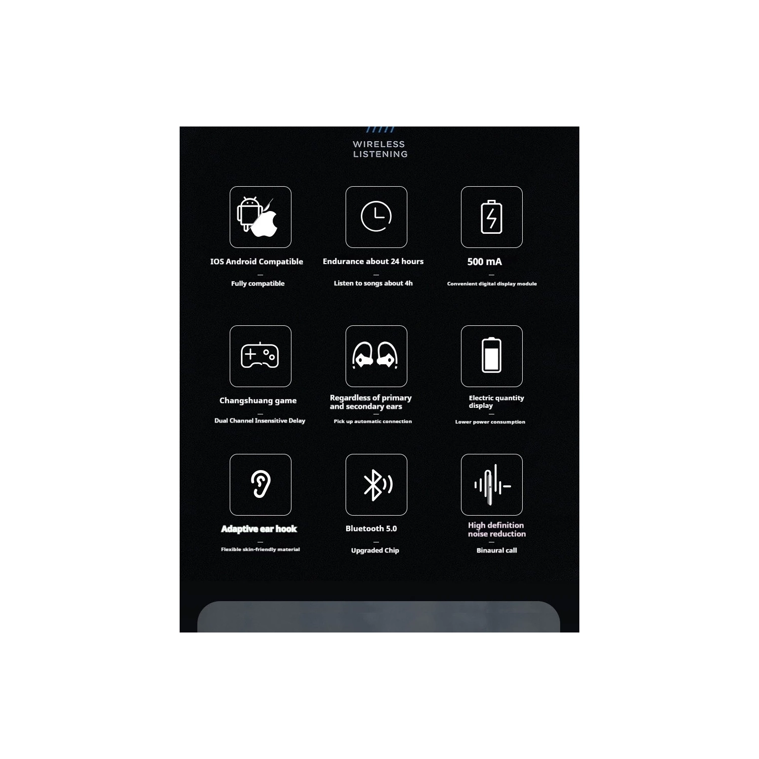 Écouteurs Bluetooth Suppression du bruit Crochet auriculaire Sans fil 5,0 Bluetooth Écouteurs sport LED écran numérique - Noir