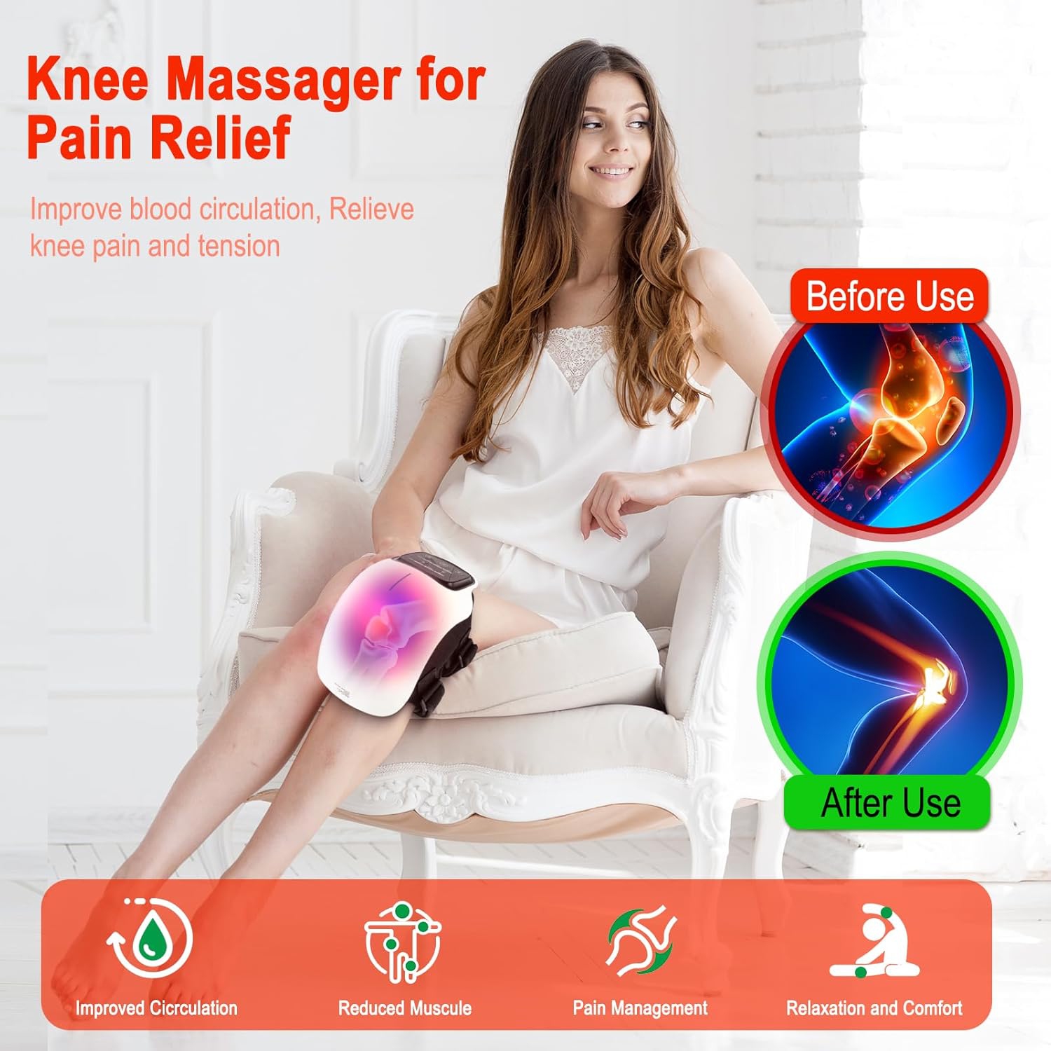 Cordless Knee Massager with Heat,Red Light Massage for Knee Pain Relief,Infrared Heat & Vibration,Portable Wireless Knee Heating Massager with LED
