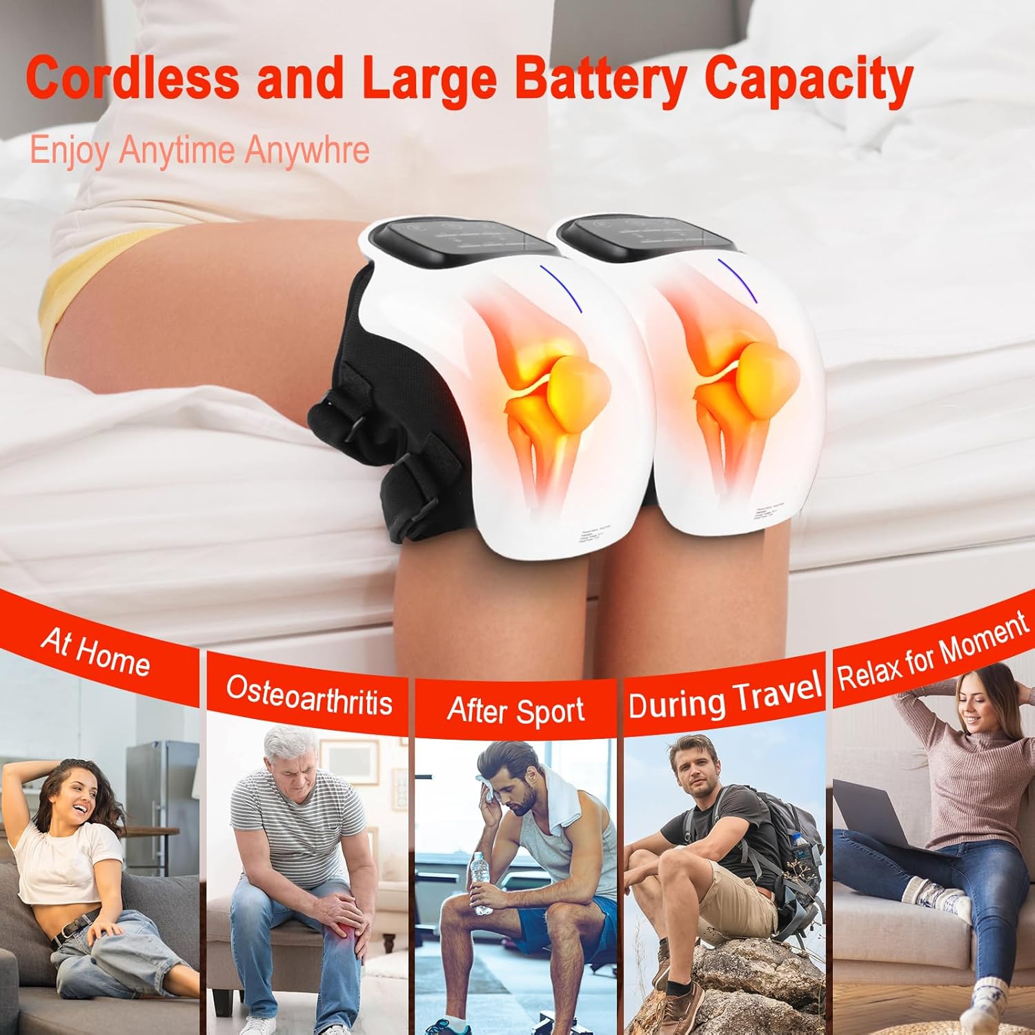 Cordless Knee Massager with Heat,Red Light Massage for Knee Pain Relief,Infrared Heat & Vibration,Portable Wireless Knee Heating Massager with LED
