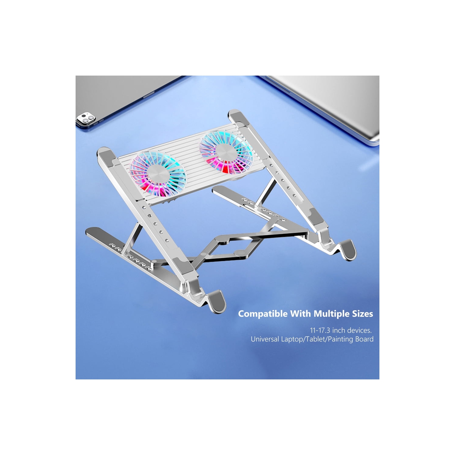 Aluminum laptop cooling pad, LED laptop cooler, low noise cooling fan, foldable laptop stand - dual fans