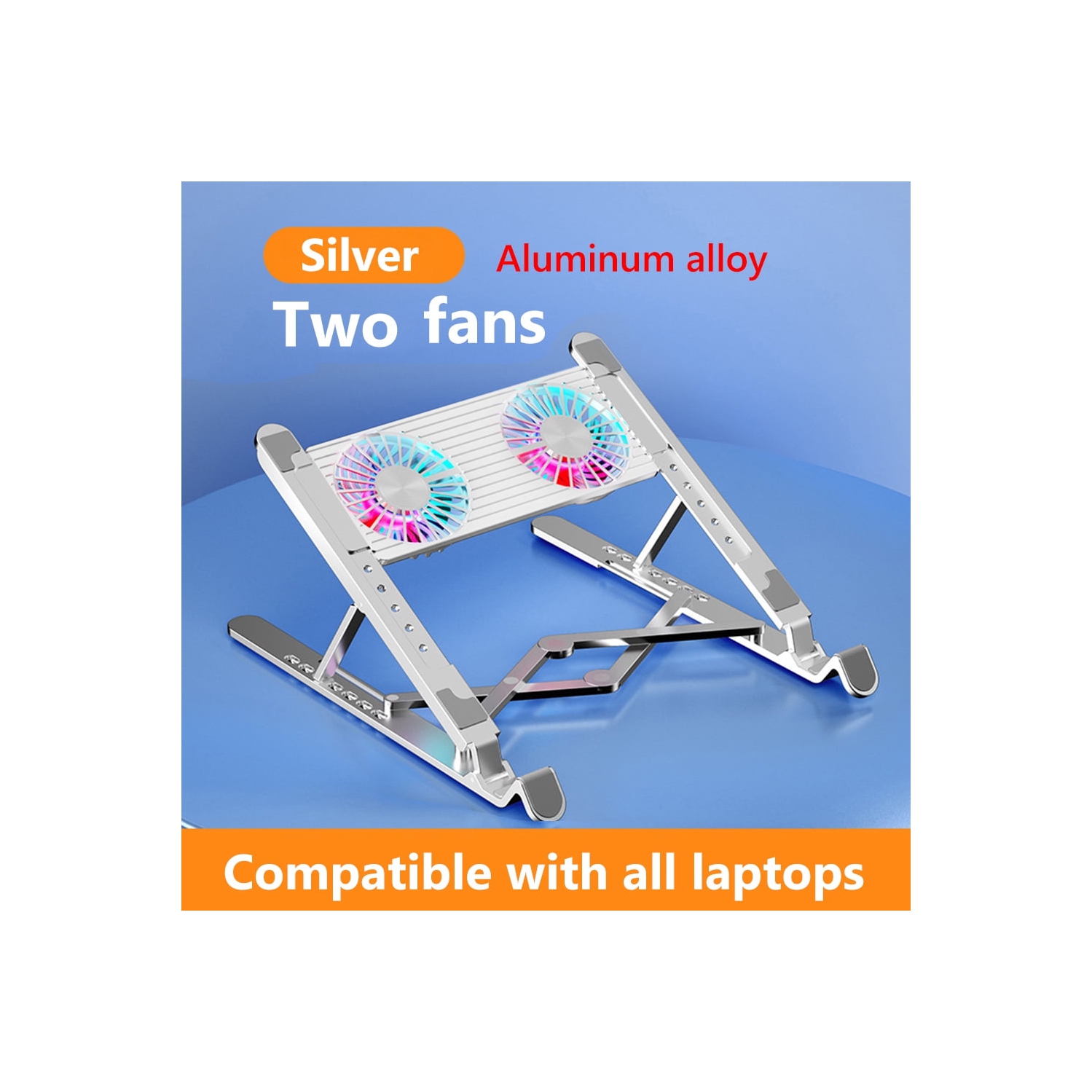 Aluminum laptop cooling pad, LED laptop cooler, low noise cooling fan, foldable laptop stand - dual fans