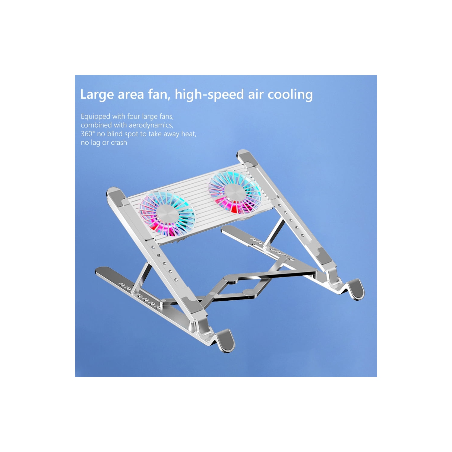 Aluminum laptop cooling pad, LED laptop cooler, low noise cooling fan, foldable laptop stand - dual fans