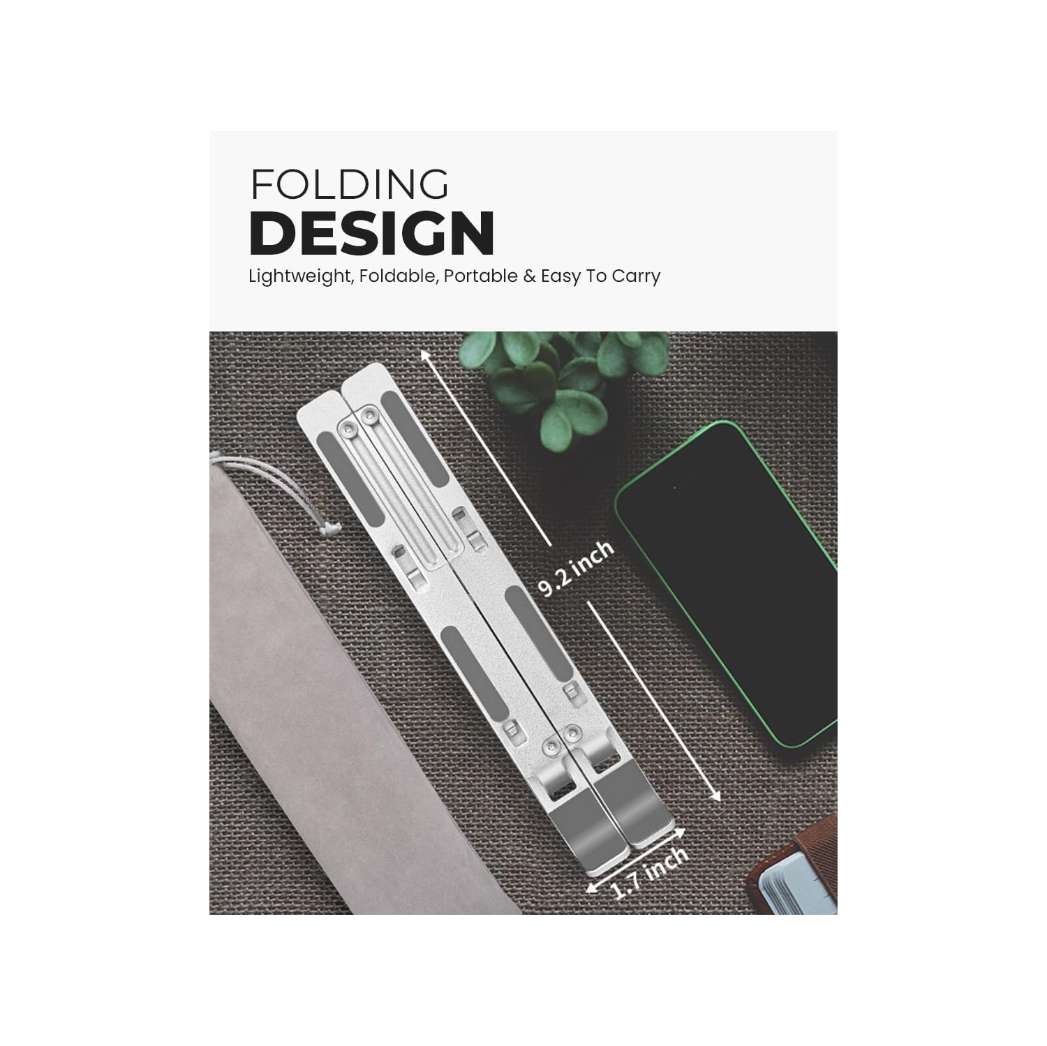 Aluminum Portable Laptop Stand, Height Adjustable, Ventilated Folding Lap/Desk Laptop Stand with Carrying Case for Laptops, MacBooks, Tablets and