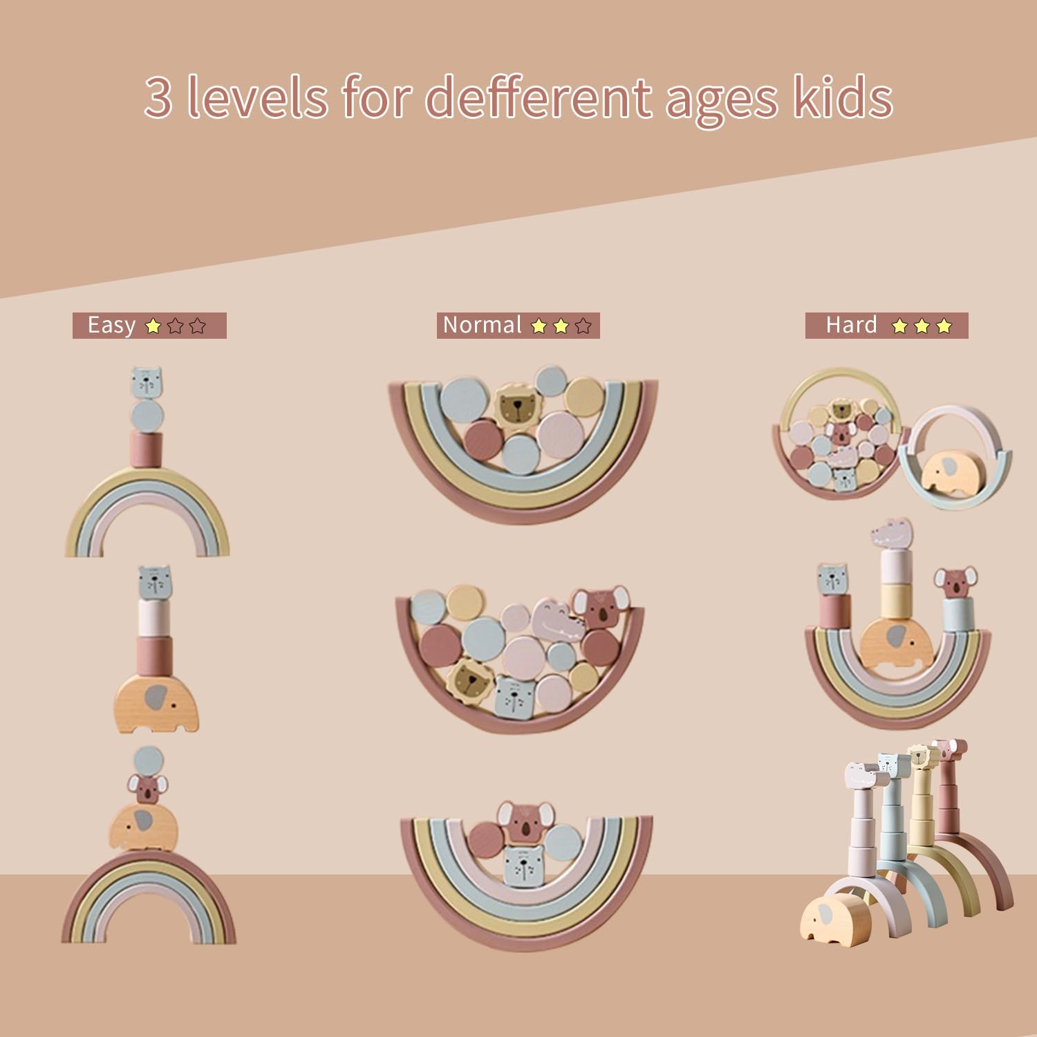 Wooden Stacking Toys - 3-in-1 Animal Balancing Blocks Set with 21 Pieces - Educational Building Blocks for Toddlers Ages 1-3 - Color Recognition and