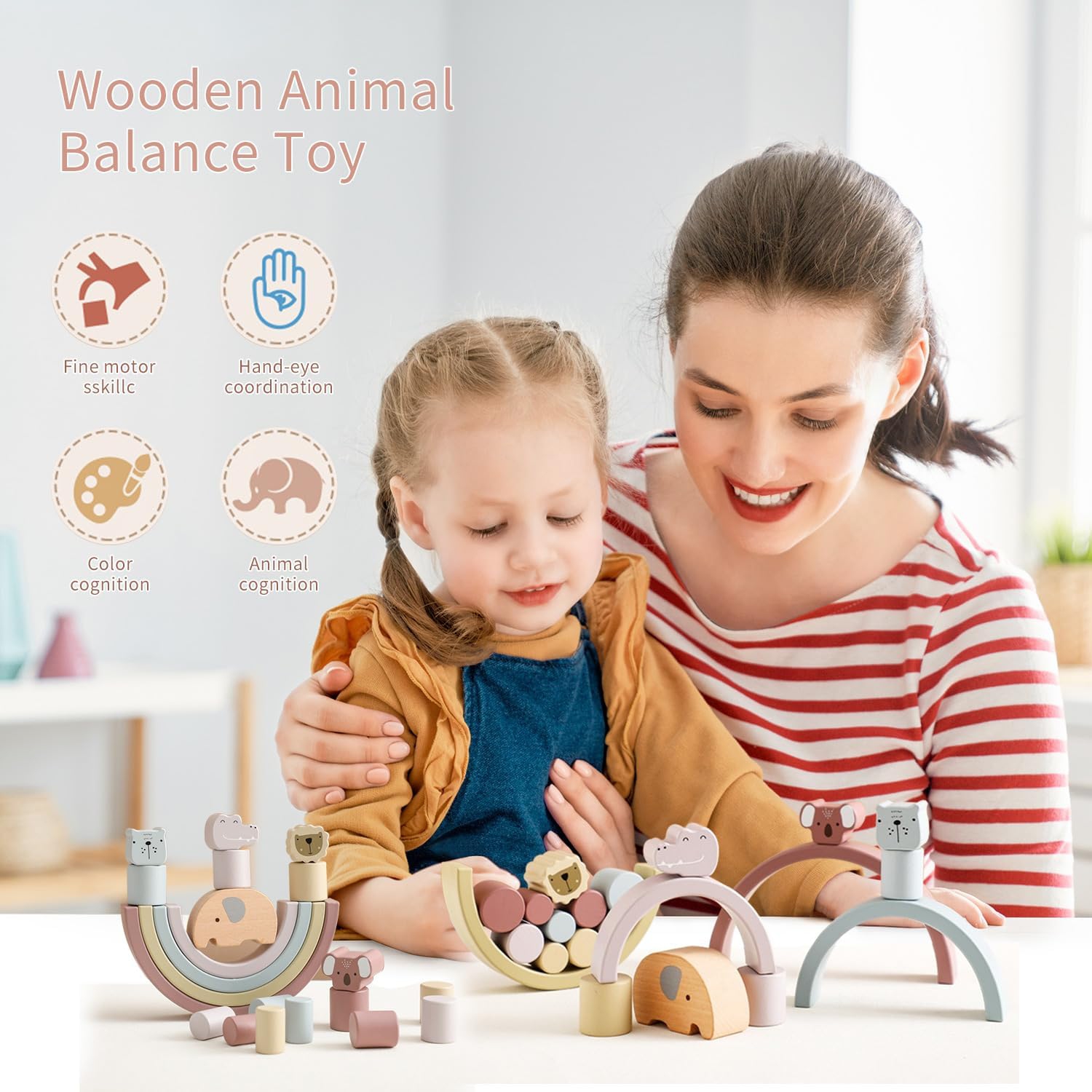 Wooden Stacking Toys - 3-in-1 Animal Balancing Blocks Set with 21 Pieces - Educational Building Blocks for Toddlers Ages 1-3 - Color Recognition and