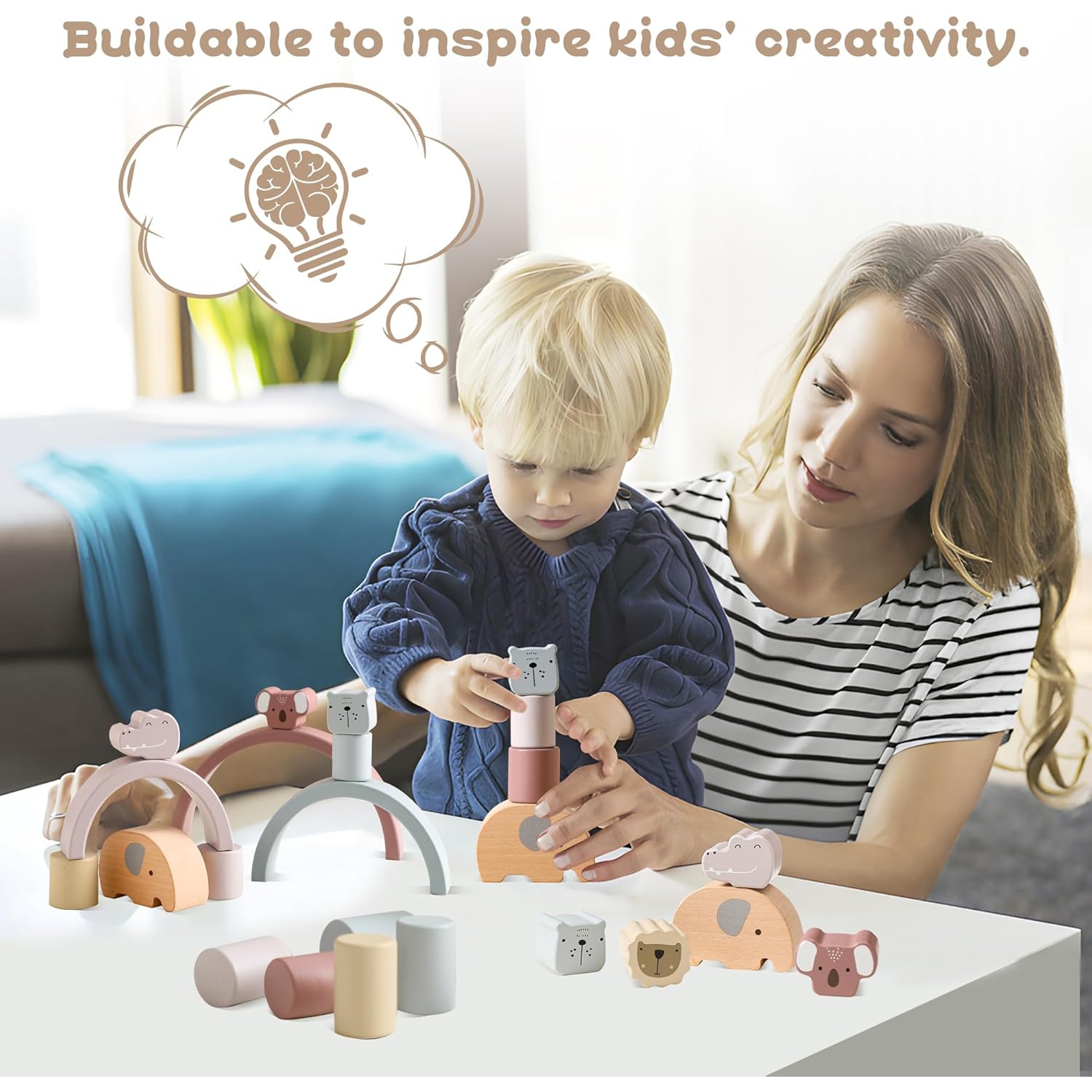 Wooden Stacking Toys - 3-in-1 Animal Balancing Blocks Set with 21 Pieces - Educational Building Blocks for Toddlers Ages 1-3 - Color Recognition and